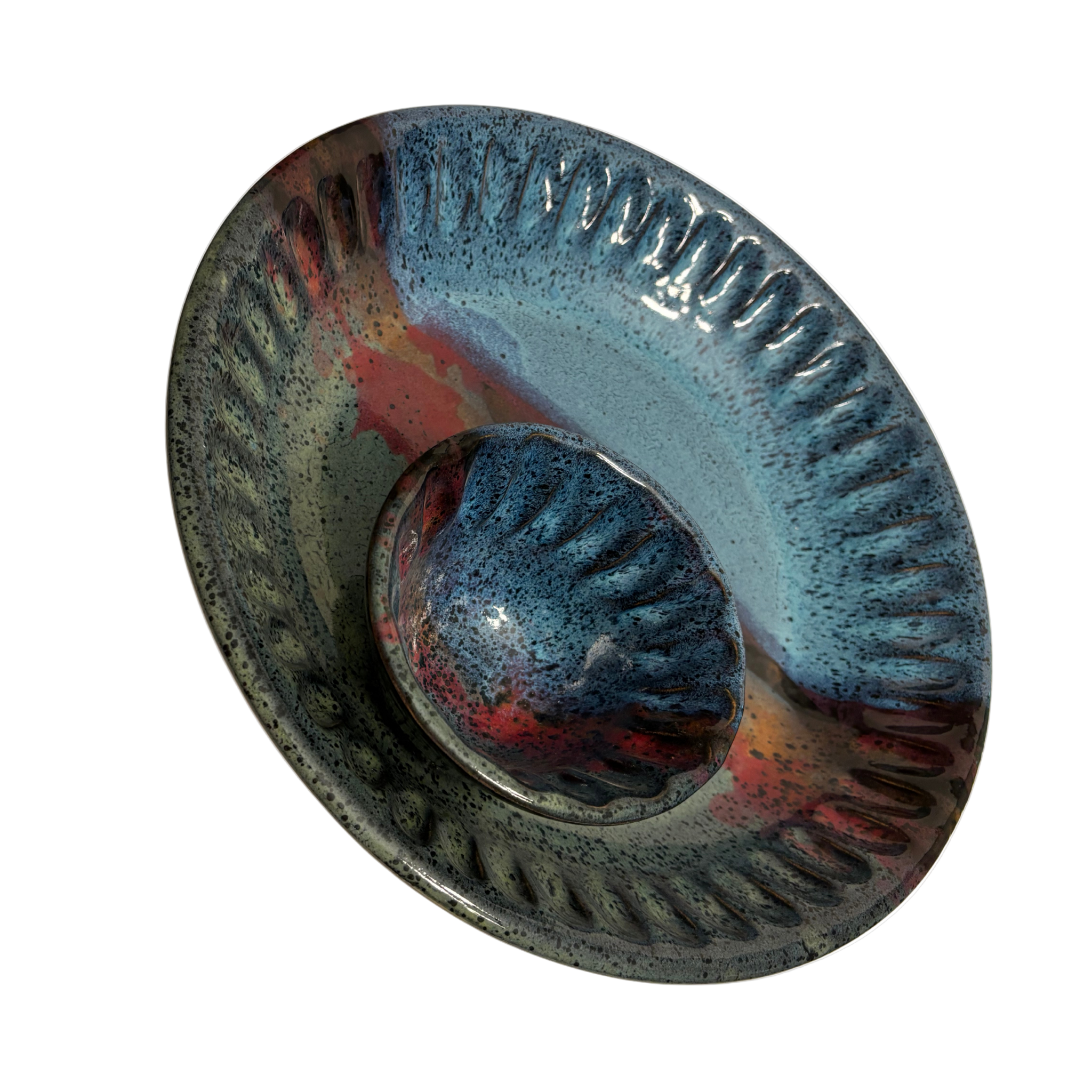 Mountain Dusk handmade ceramic chip and dip platter with layered blue, red, and earthy glazes creating a serene mountain sunset effect.