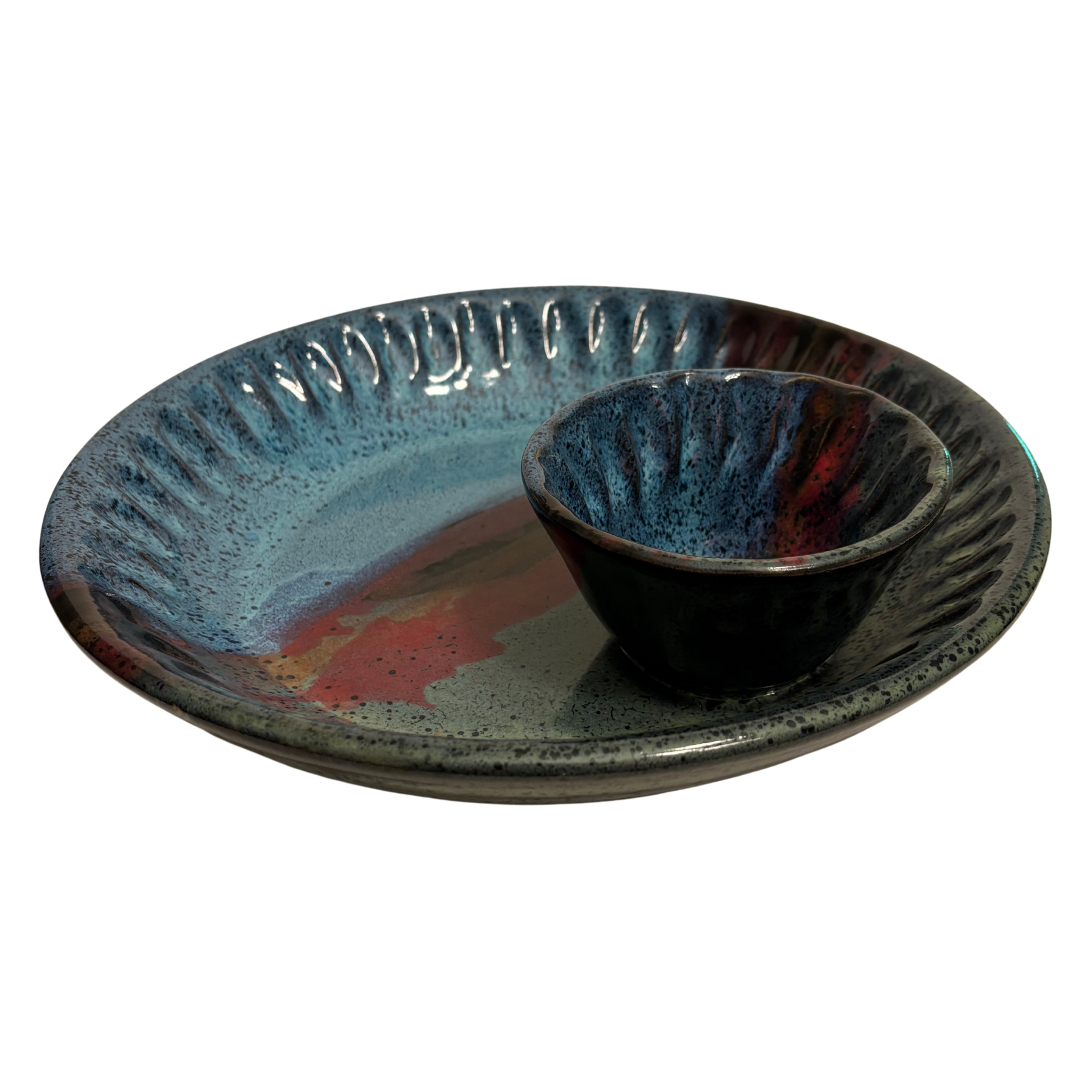 Mountain Dusk handmade ceramic chip and dip platter with layered blue, red, and earthy glazes creating a serene mountain sunset effect.