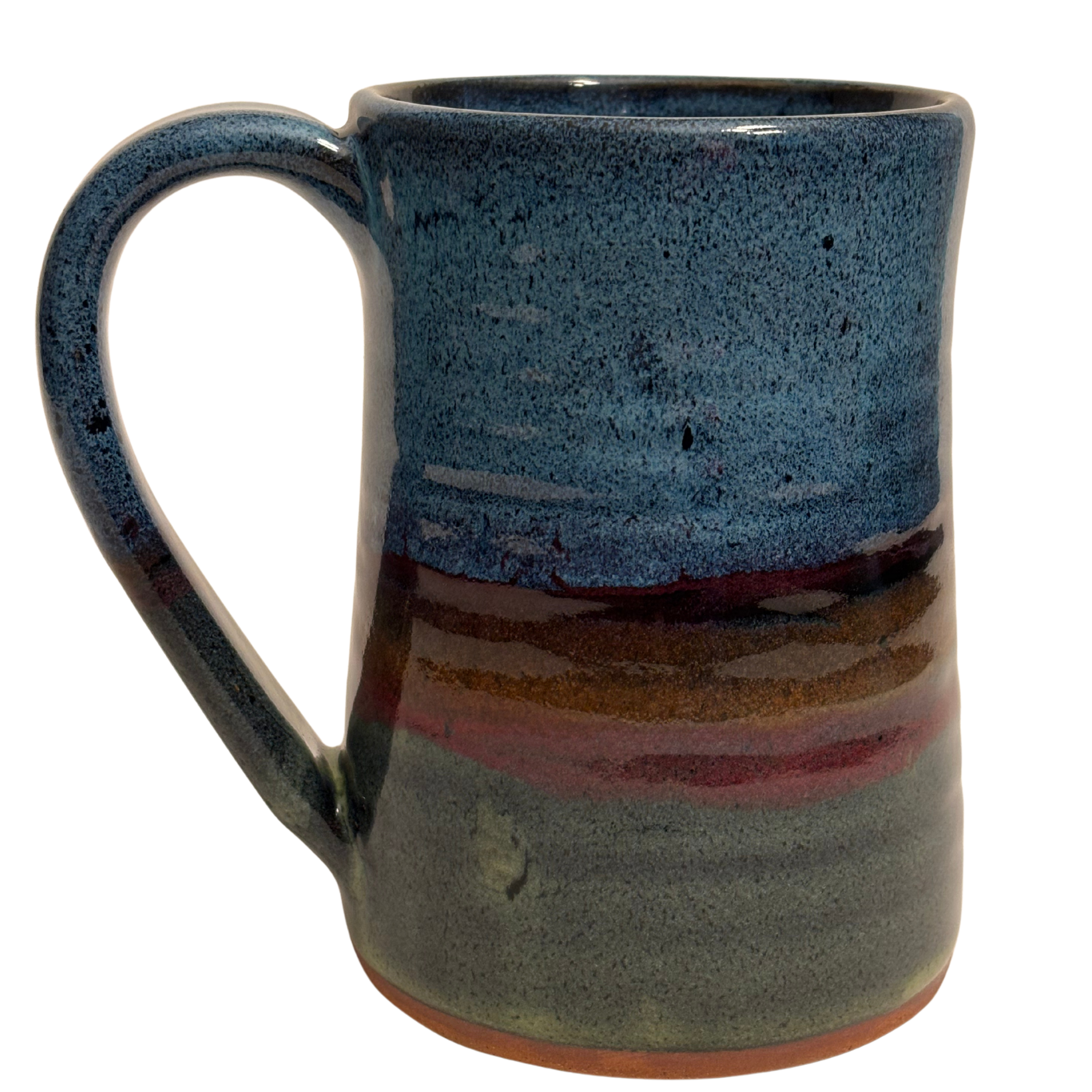 Mountain Dusk handmade ceramic tankard with layered blue, red, and brown glaze inspired by a mountain sunset horizon.