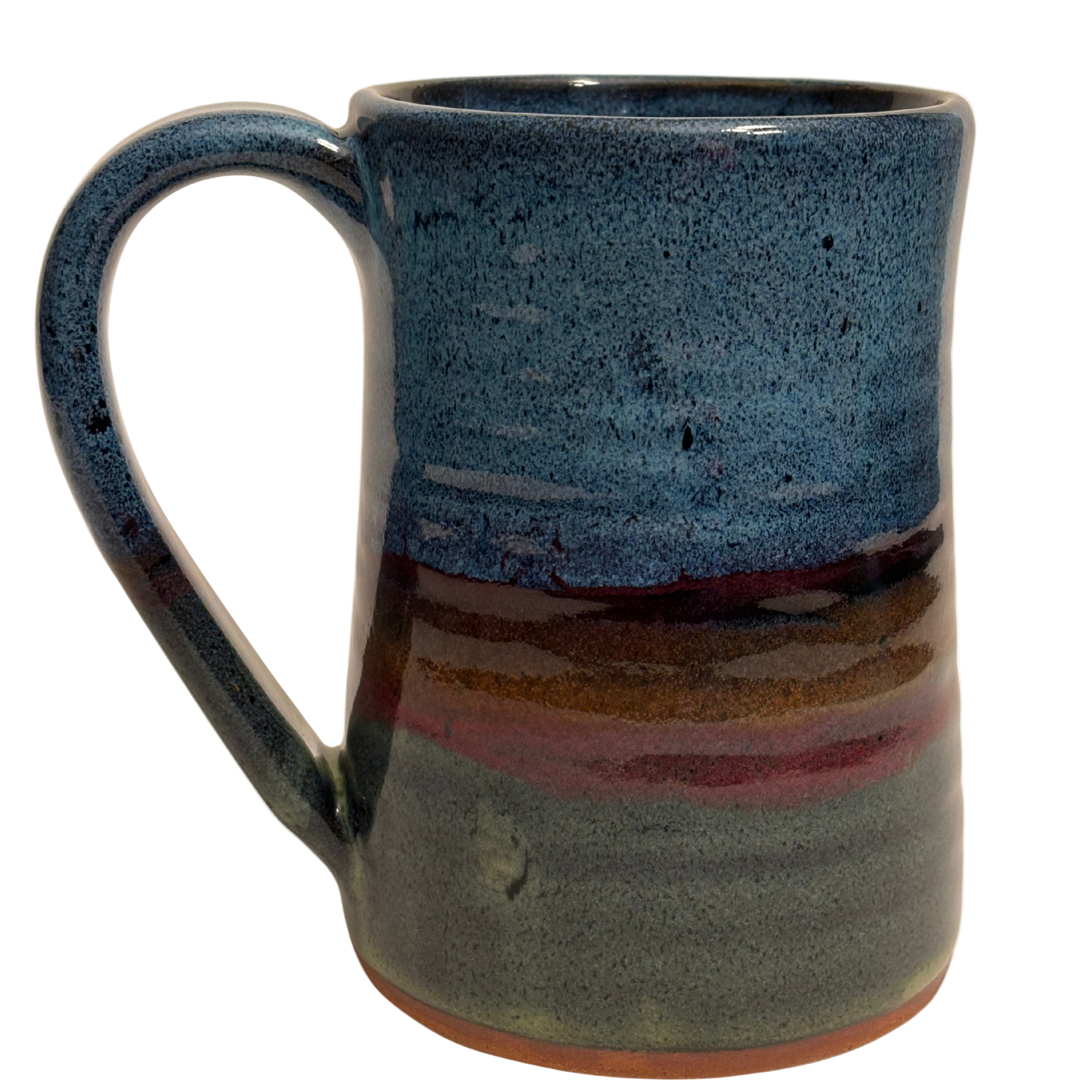 Mountain Dusk handmade ceramic tankard with layered blue, red, and brown glaze inspired by a mountain sunset horizon.