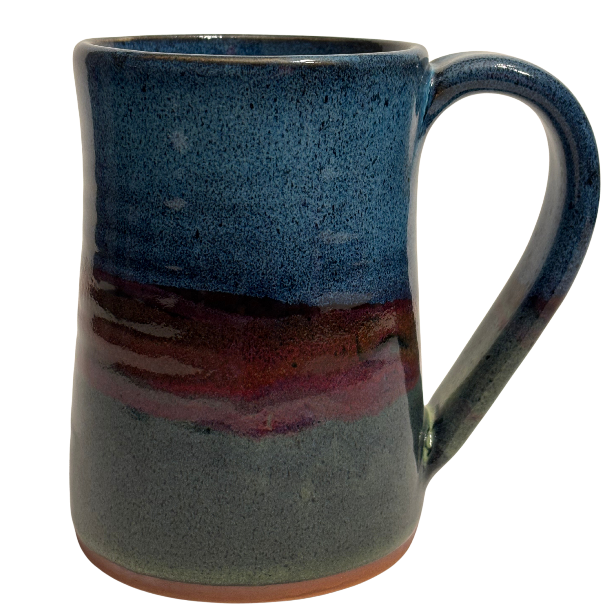 Mountain Dusk handmade ceramic tankard with layered blue, red, and brown glaze inspired by a mountain sunset horizon.