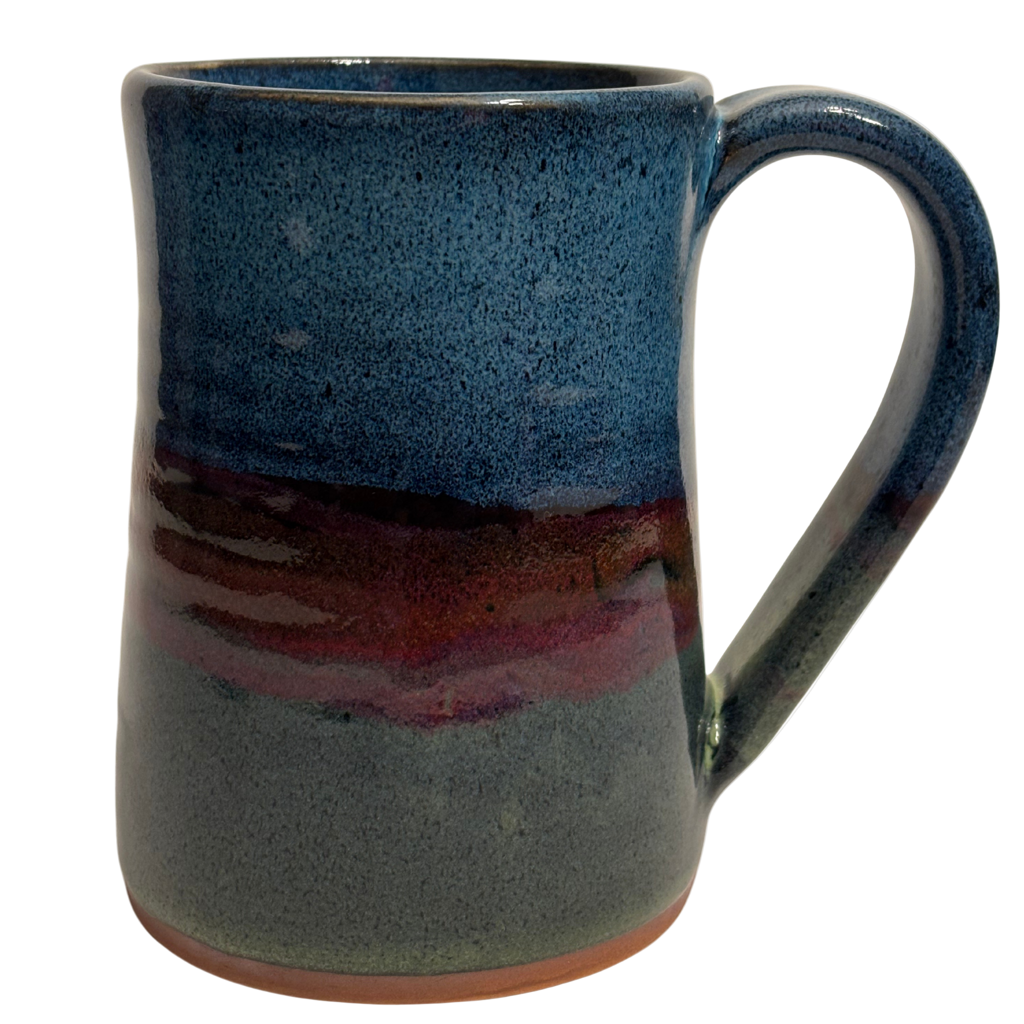 Mountain Dusk handmade ceramic tankard with layered blue, red, and brown glaze inspired by a mountain sunset horizon.