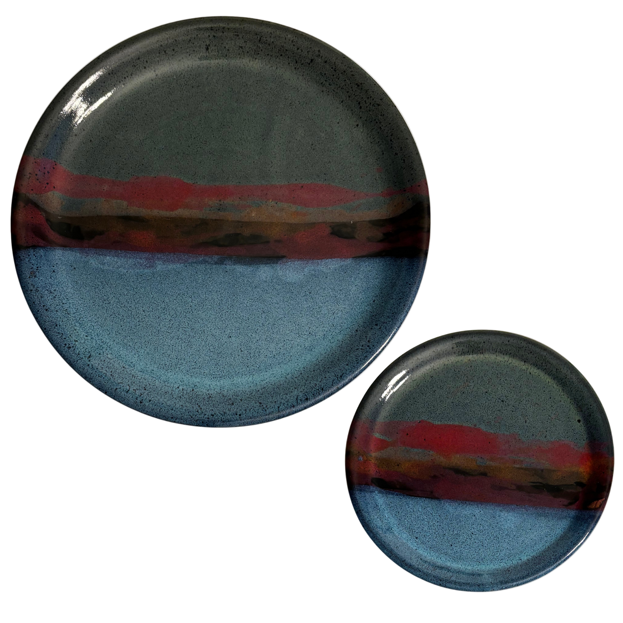 Mountain Dusk handmade ceramic dinner & salad plates with blue, red, and earthy glaze resembling mountain horizon.