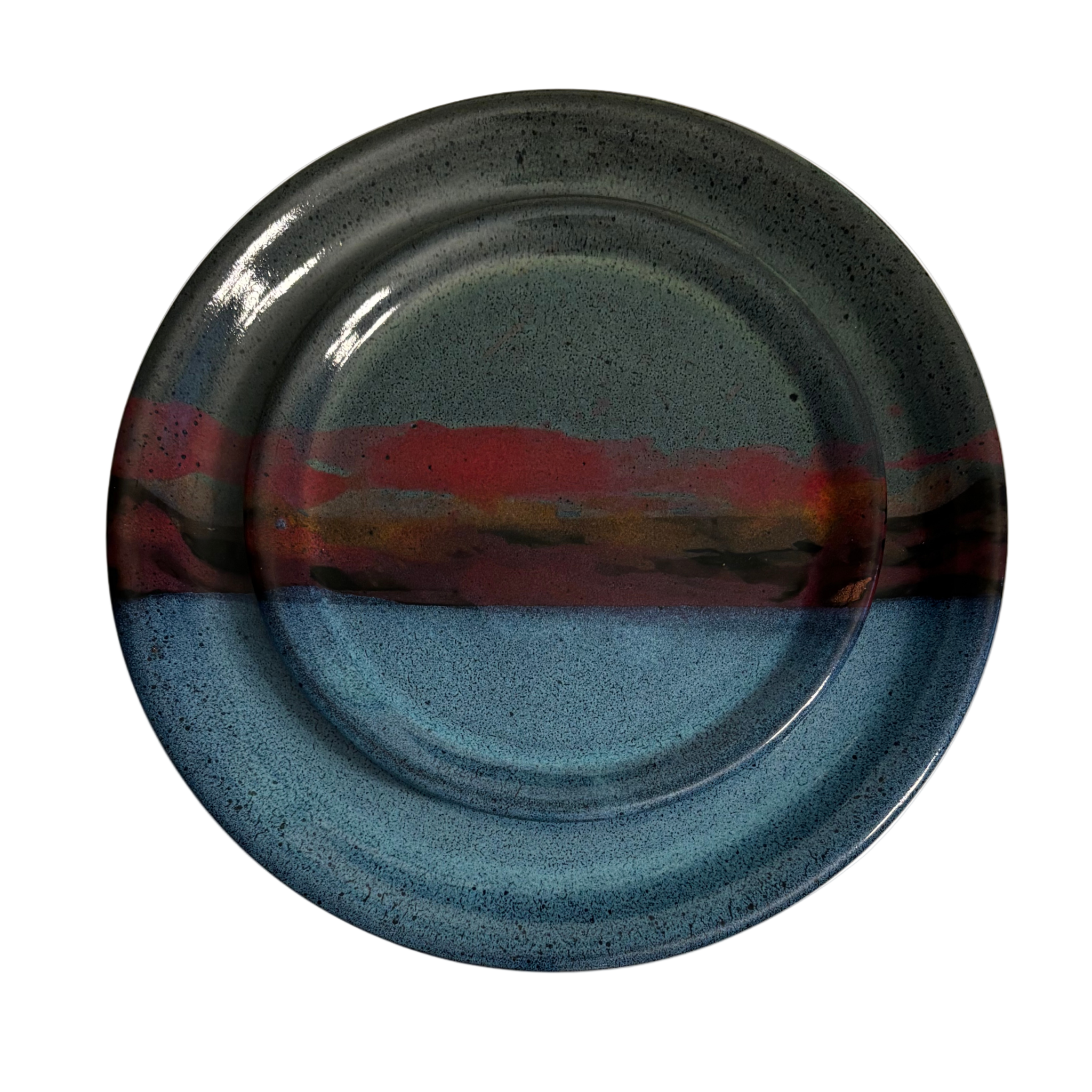 Mountain Dusk handmade ceramic dinner & salad plates with blue, red, and earthy glaze resembling mountain horizon.