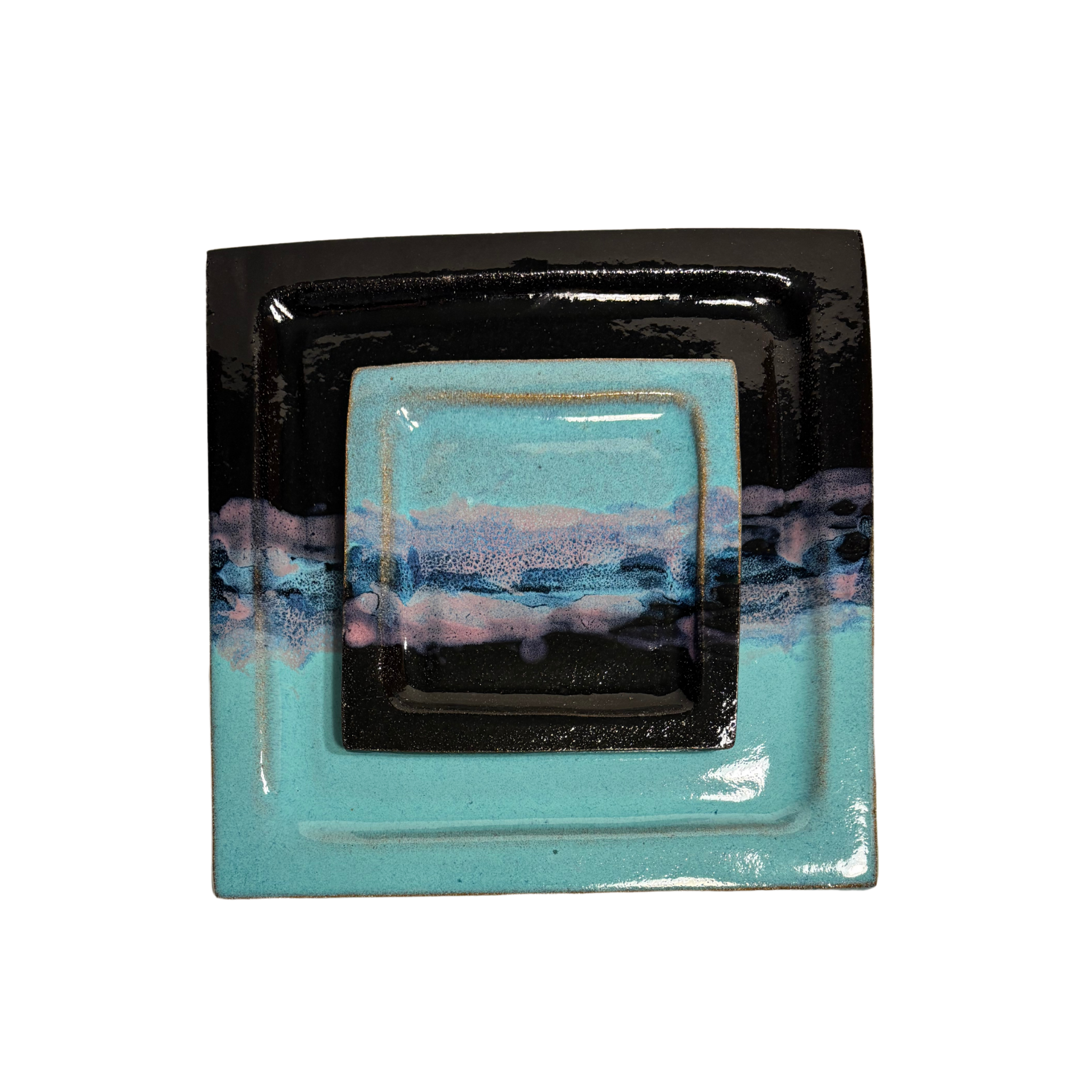Handmade square ceramic dinner plate with turquoise, blue, and black glaze – modern artisan pottery for tableware or place setting.