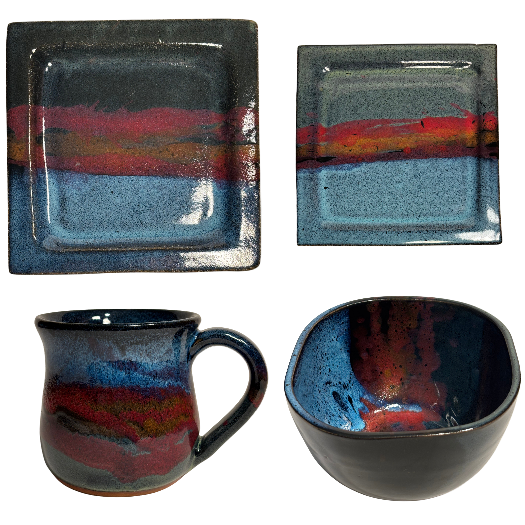 handmade set of ceramic plates, mug, and bowl with glaze that resembles mountain dusk.