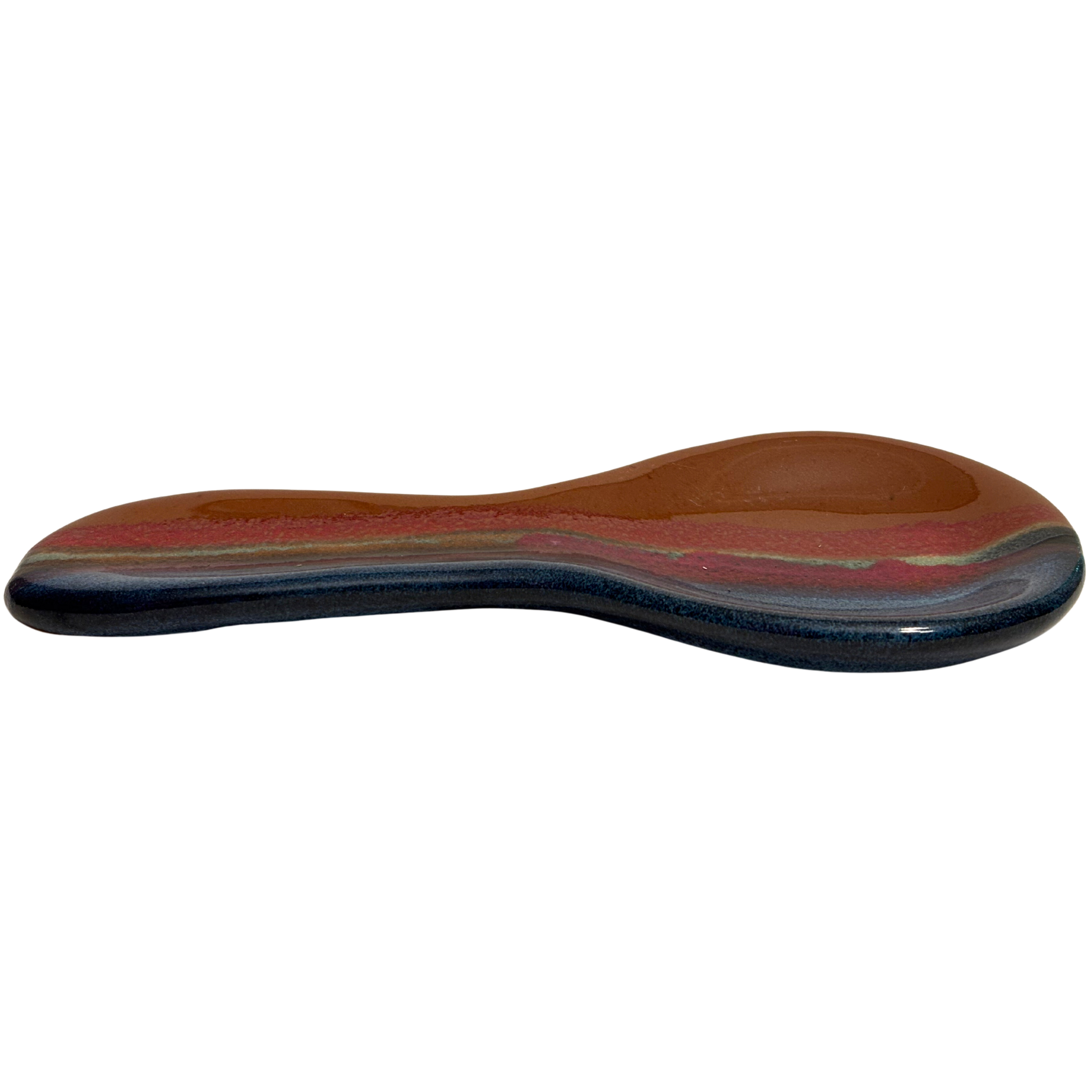 Handmade ceramic spoon rest – Ruins glaze, rustic red, earthy brown, and deep blue tones with a smooth, glossy finish.