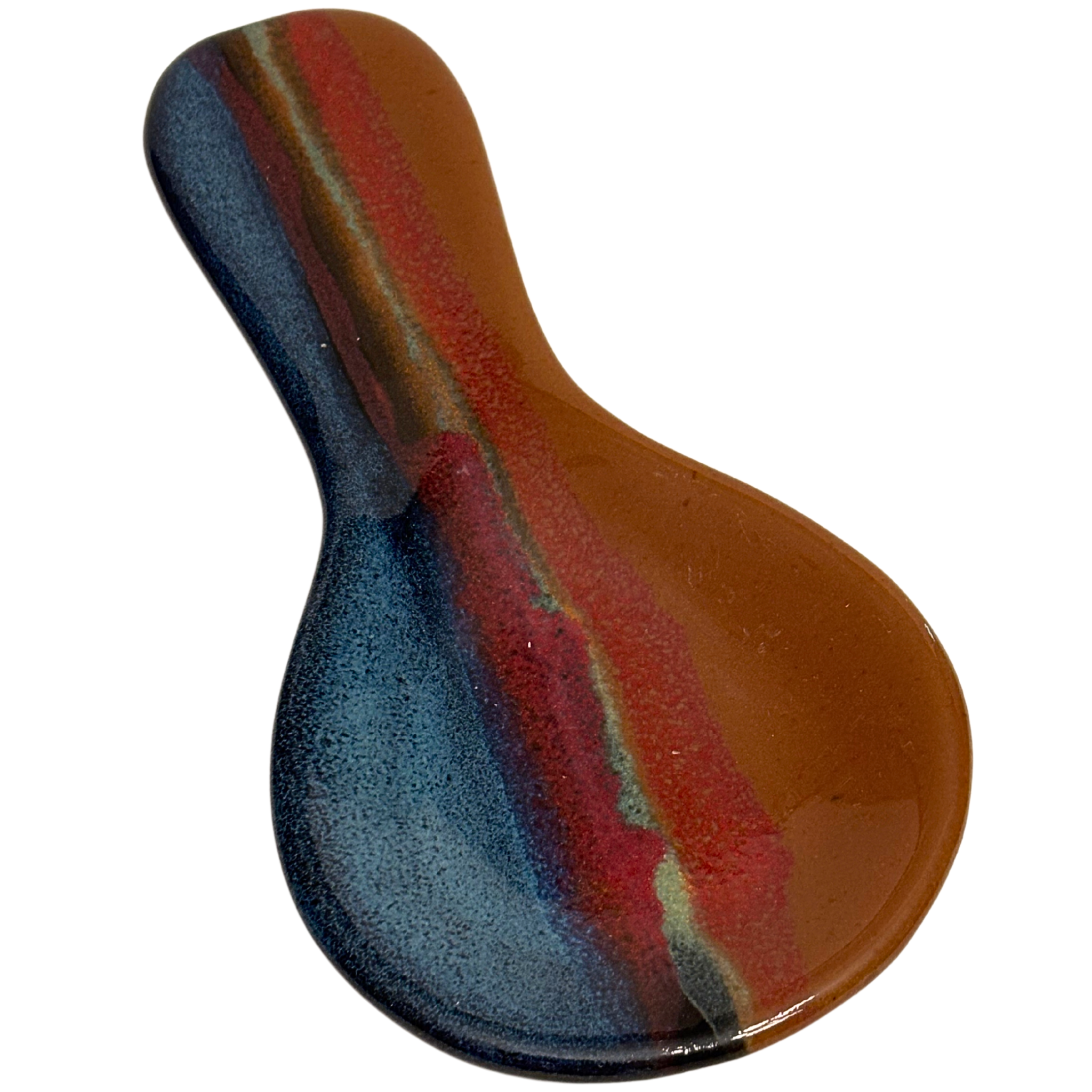 Handmade ceramic spoon rest – Ruins glaze, rustic red, earthy brown, and deep blue tones with a smooth, glossy finish.