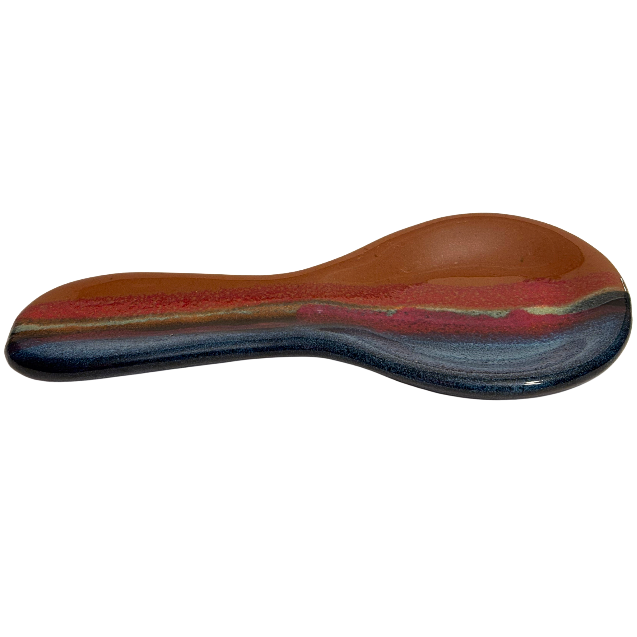 Handmade ceramic spoon rest – Ruins glaze, rustic red, earthy brown, and deep blue tones with a smooth, glossy finish.