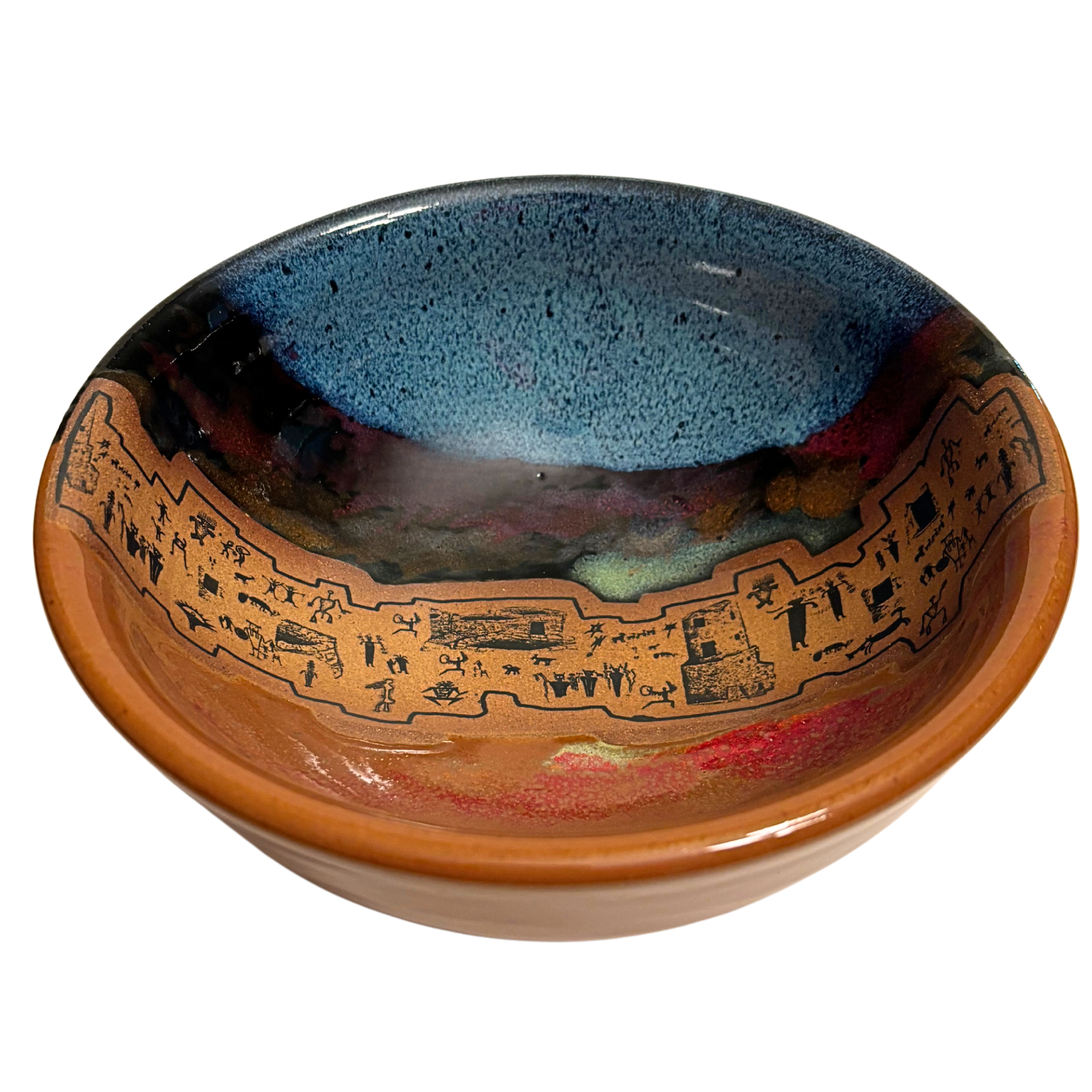 Ancient Echoes handmade ceramic salad bowl with blue, red, and brown glaze featuring petroglyph-inspired village design.