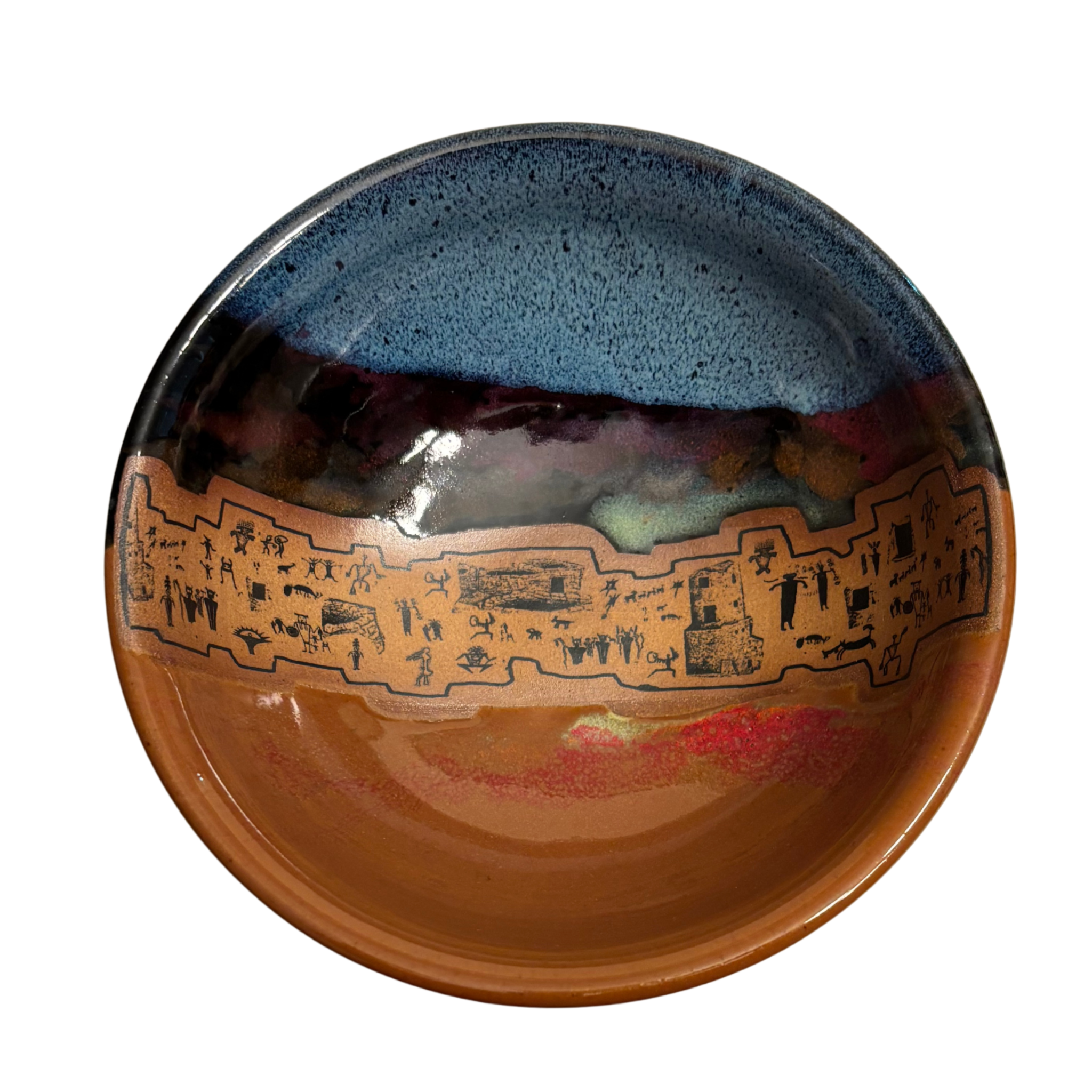 Ancient Echoes handmade ceramic salad bowl with blue, red, and brown glaze featuring petroglyph-inspired village design.