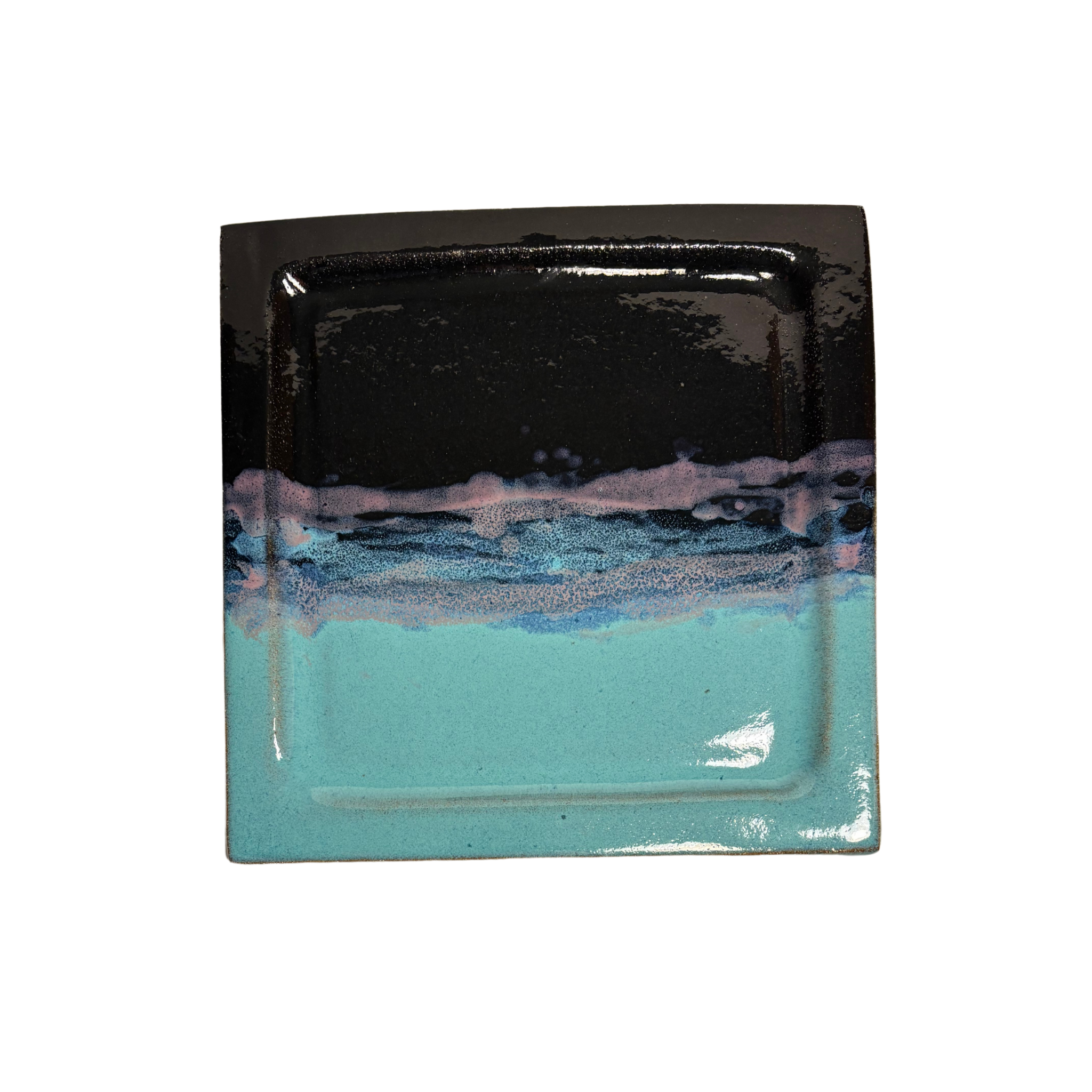 Handmade square ceramic dinner plate with turquoise, blue, and black glaze – modern artisan pottery for tableware or place setting.