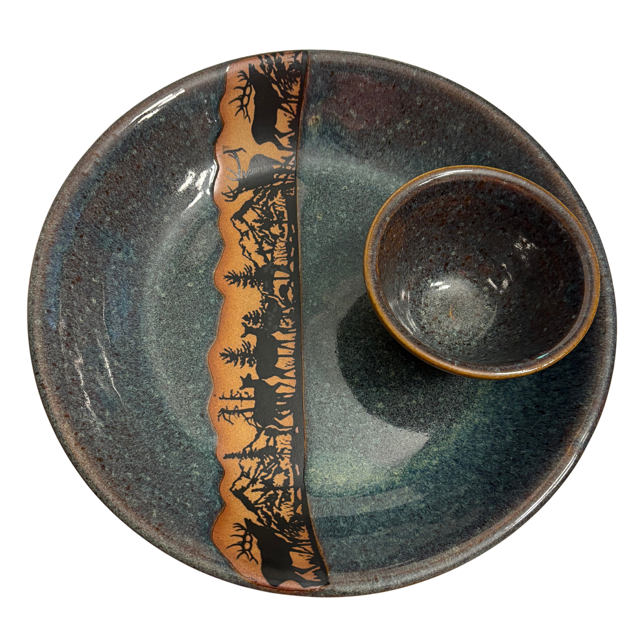 Alpine Wilderness handmade ceramic chip and dip platter with detailed elk and deer silhouette design against a mountain forest landscape.