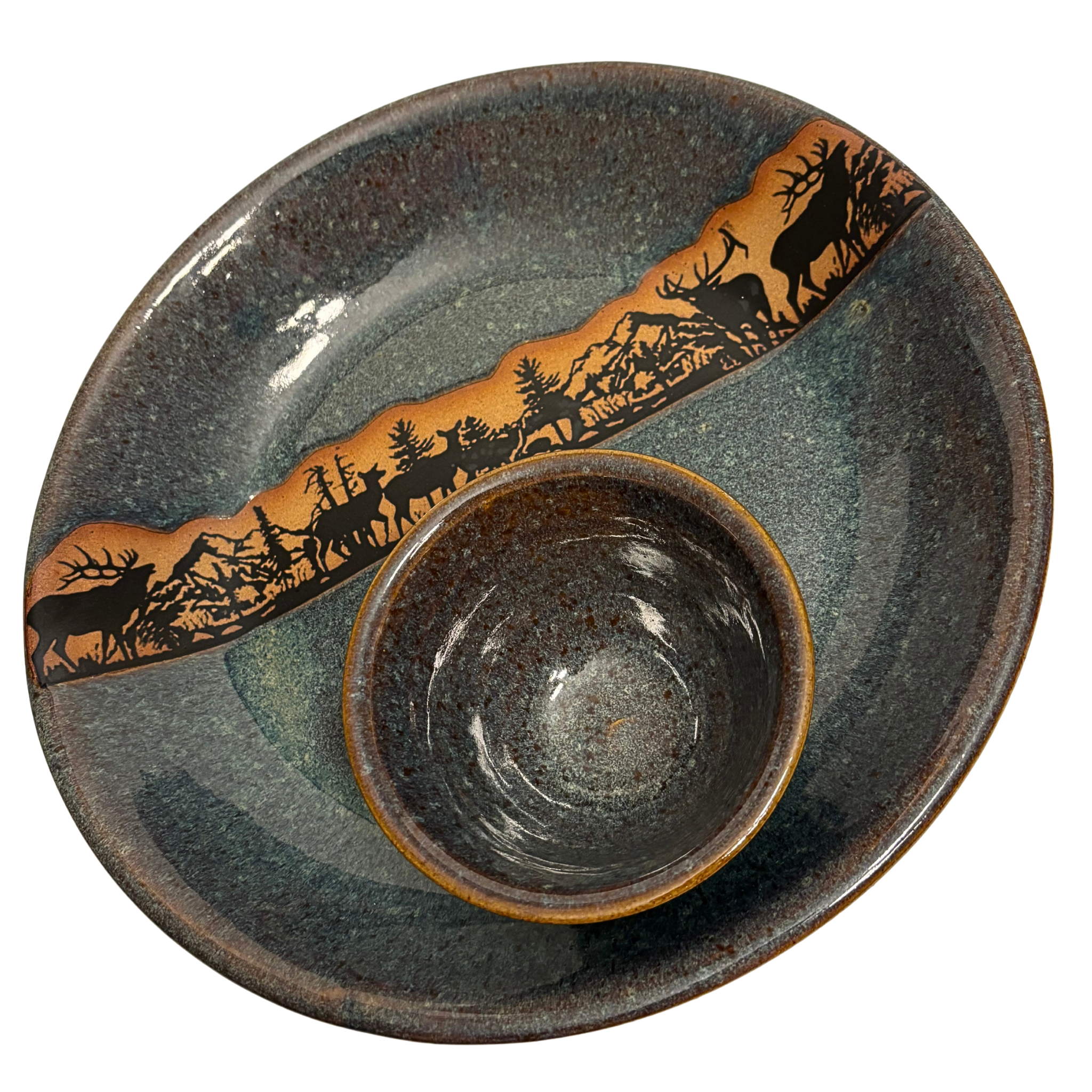 Alpine Wilderness handmade ceramic chip and dip platter with detailed elk and deer silhouette design against a mountain forest landscape.