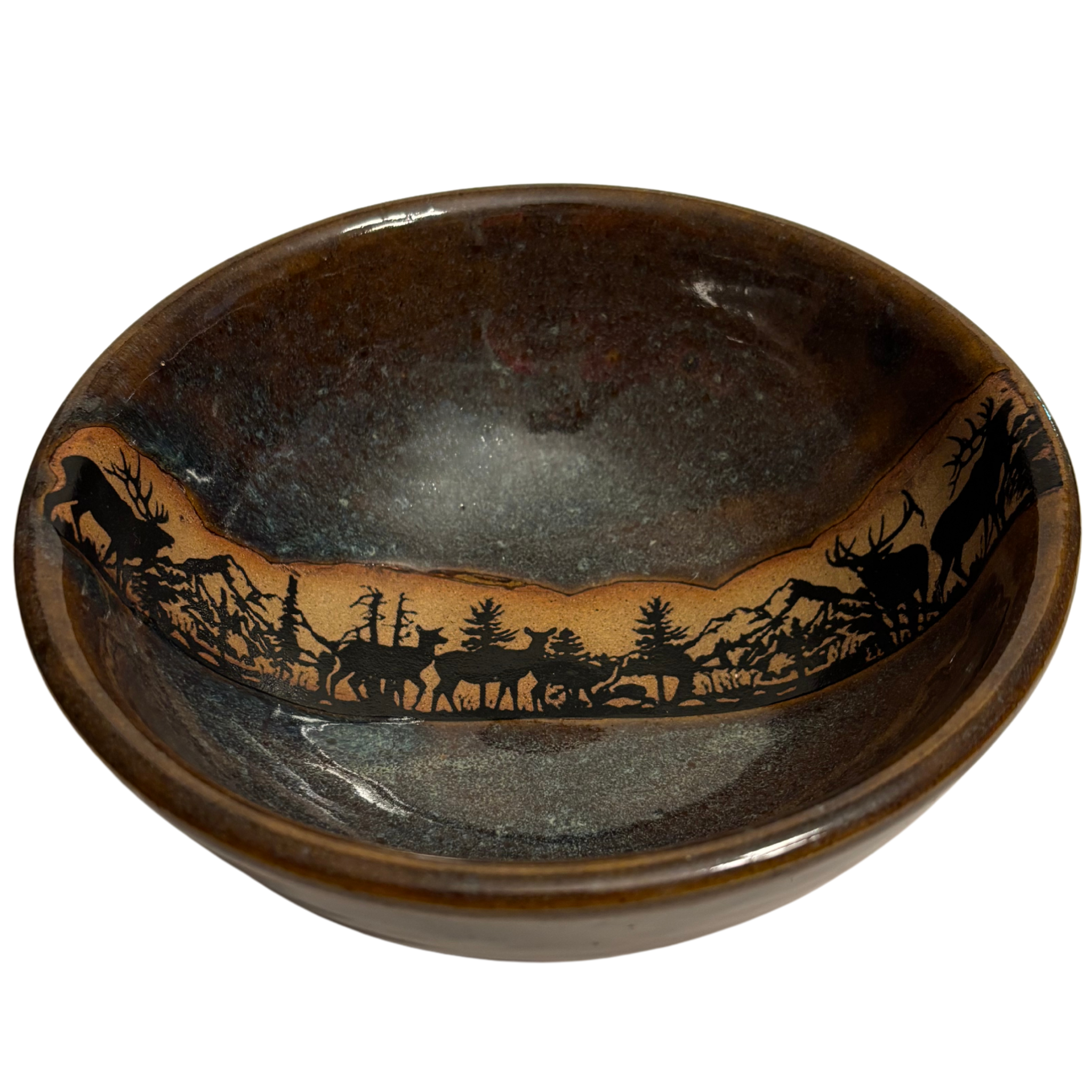 Alpine Wilderness handmade ceramic salad bowl with earthy glaze and mountain elk forest silhouette design.