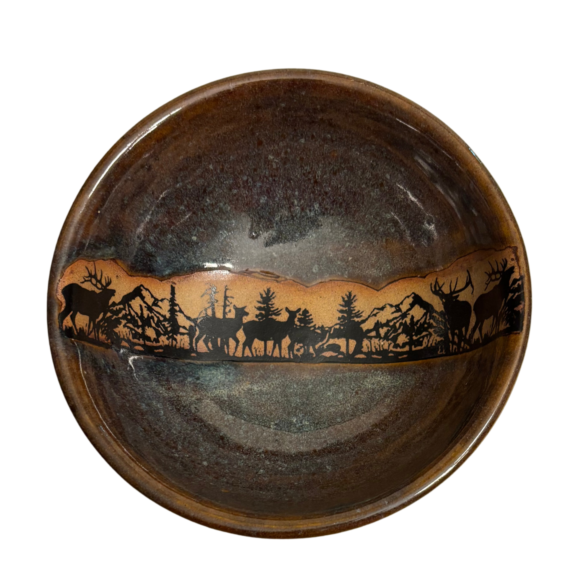 Alpine Wilderness handmade ceramic salad bowl with earthy glaze and mountain elk forest silhouette design.