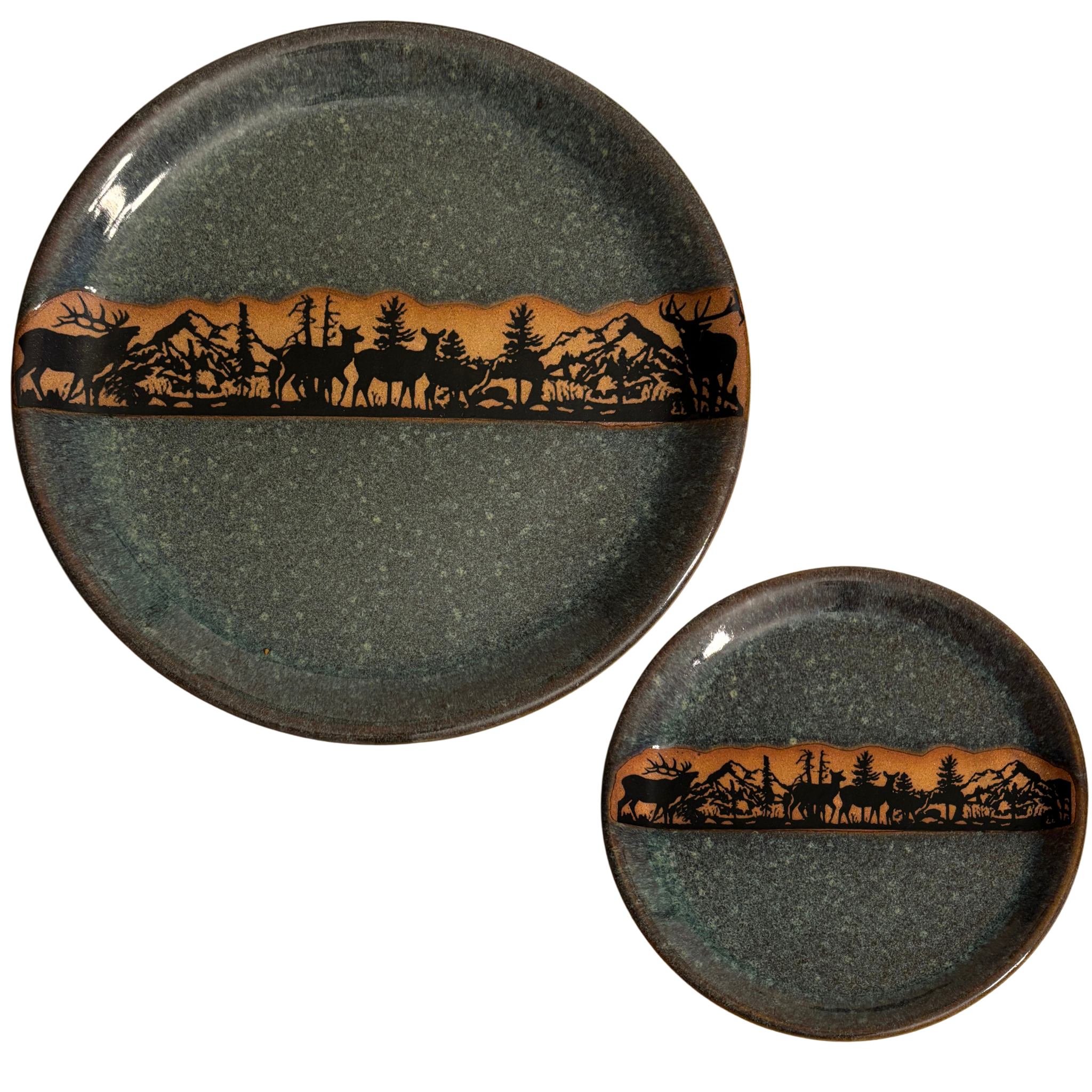 Handmade Alpine Wilderness ceramic dinner & salad plates with green glaze and mountain wildlife silhouette band.