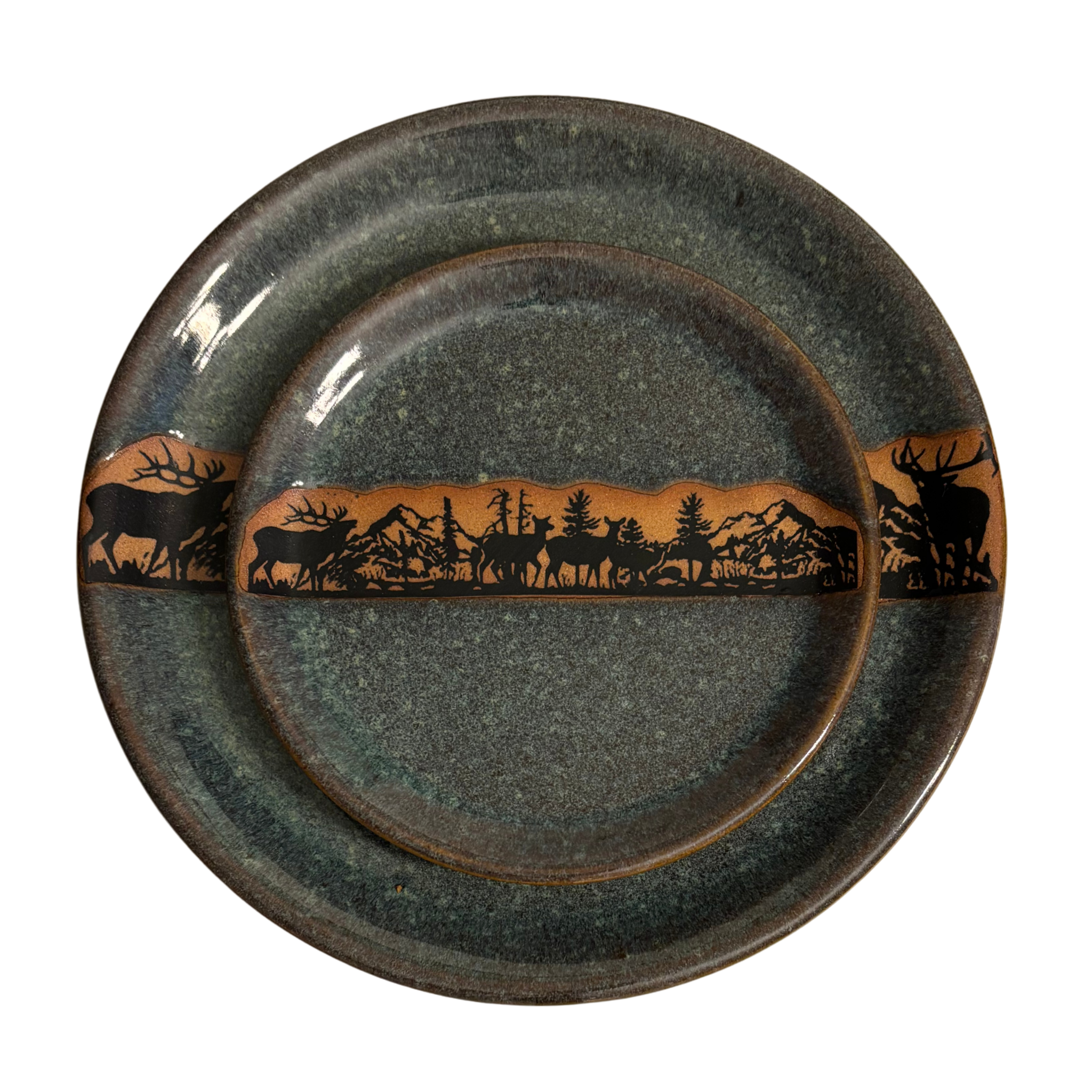 Handmade Alpine Wilderness ceramic dinner & salad plates with green glaze and mountain wildlife silhouette band.