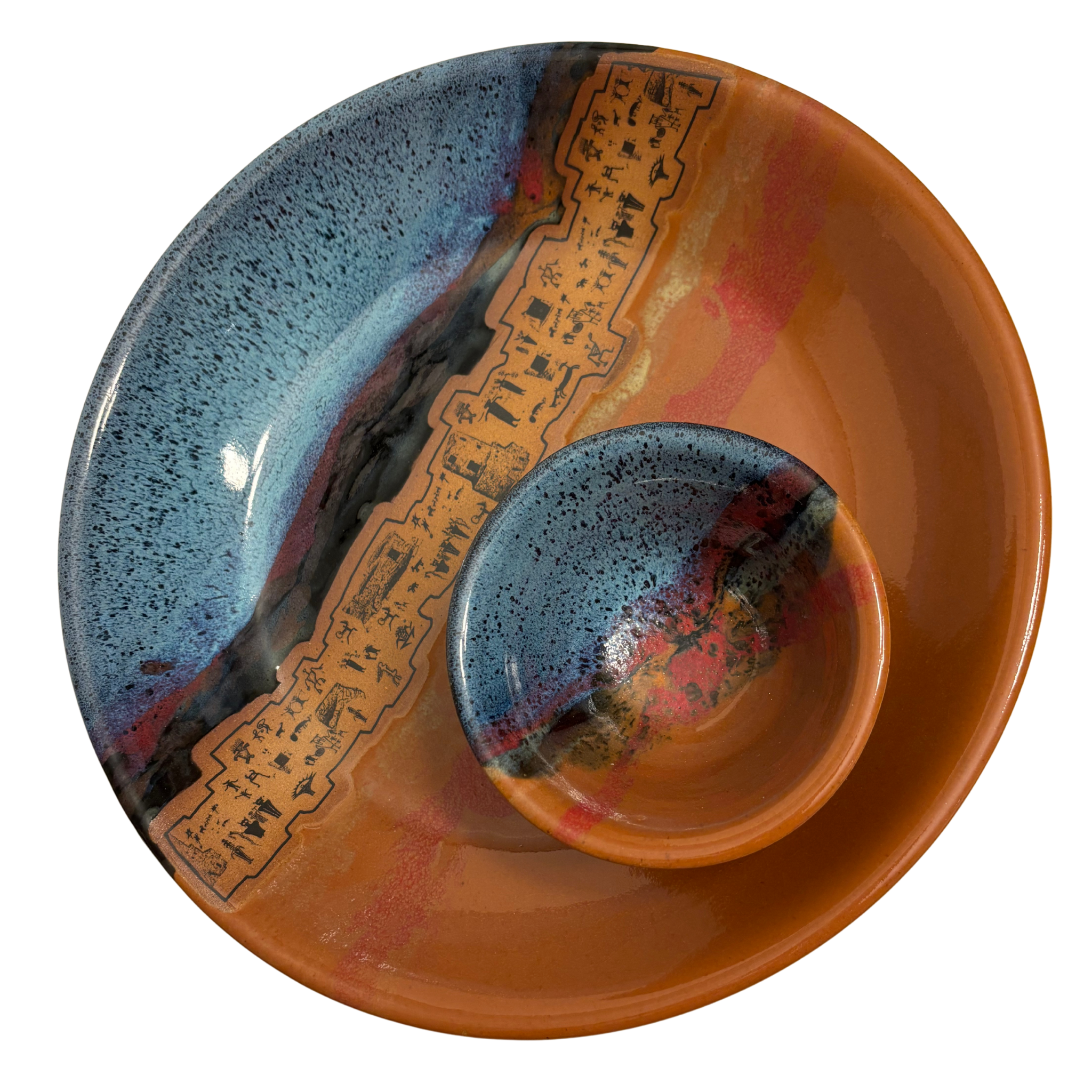 Ancient Echoes handmade ceramic chip and dip platter with blue and rust glaze featuring petroglyph village design.