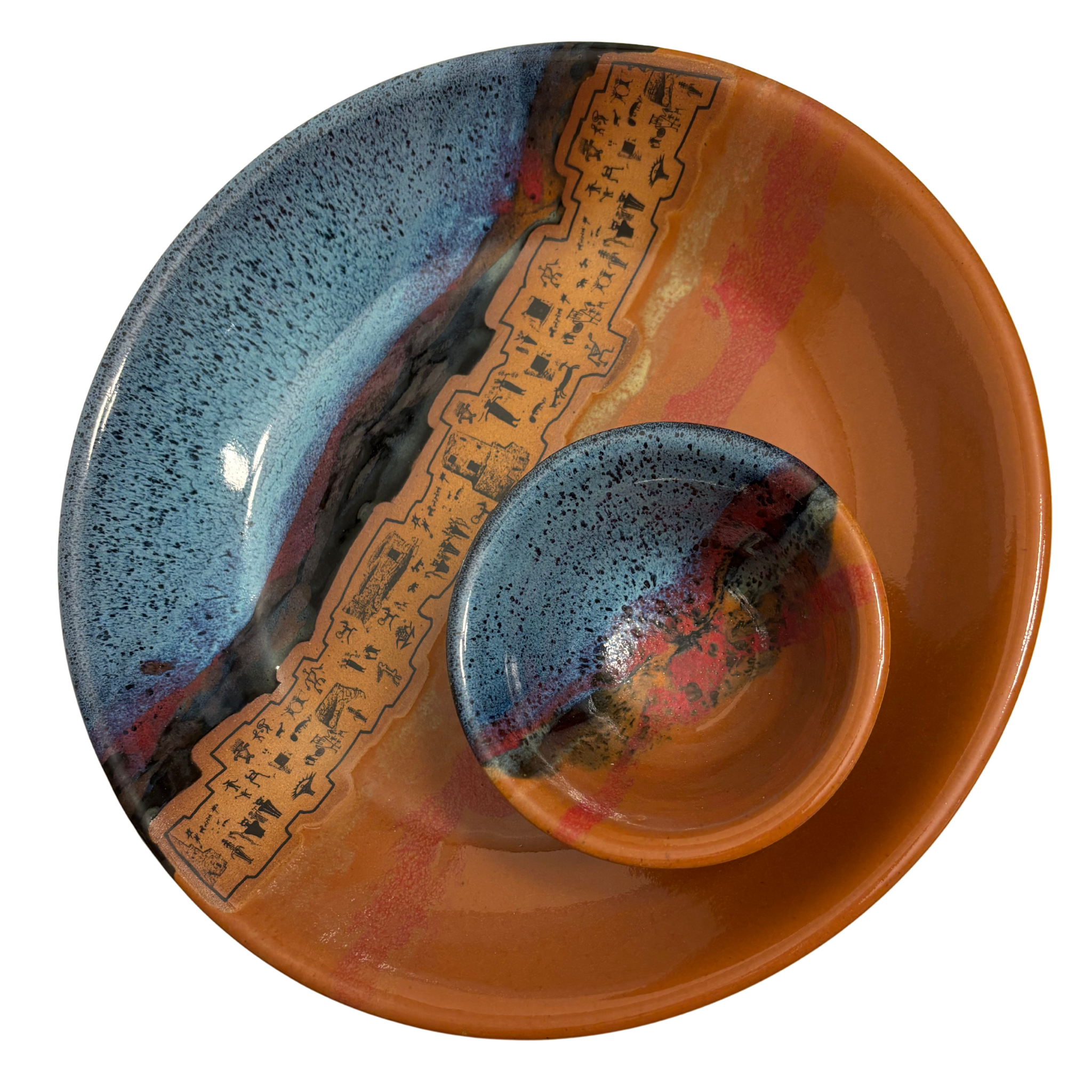 Ancient Echoes handmade ceramic chip and dip platter with blue and rust glaze featuring petroglyph village design.
