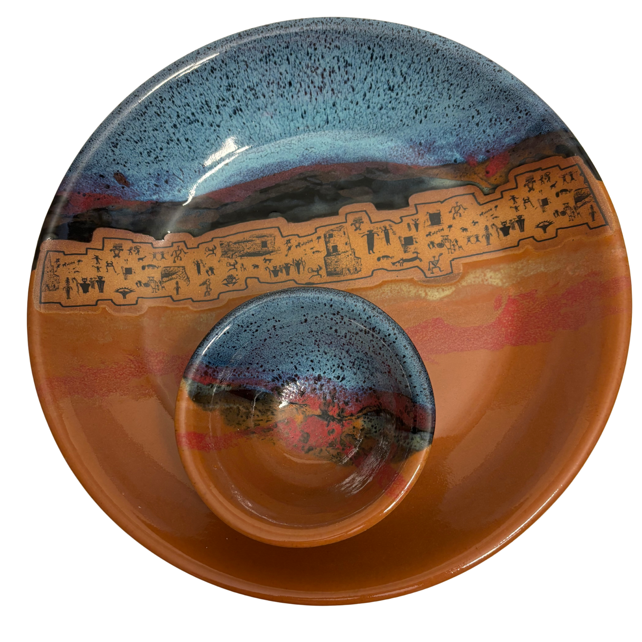 Ancient Echoes handmade ceramic chip and dip platter with blue and rust glaze featuring petroglyph village design.