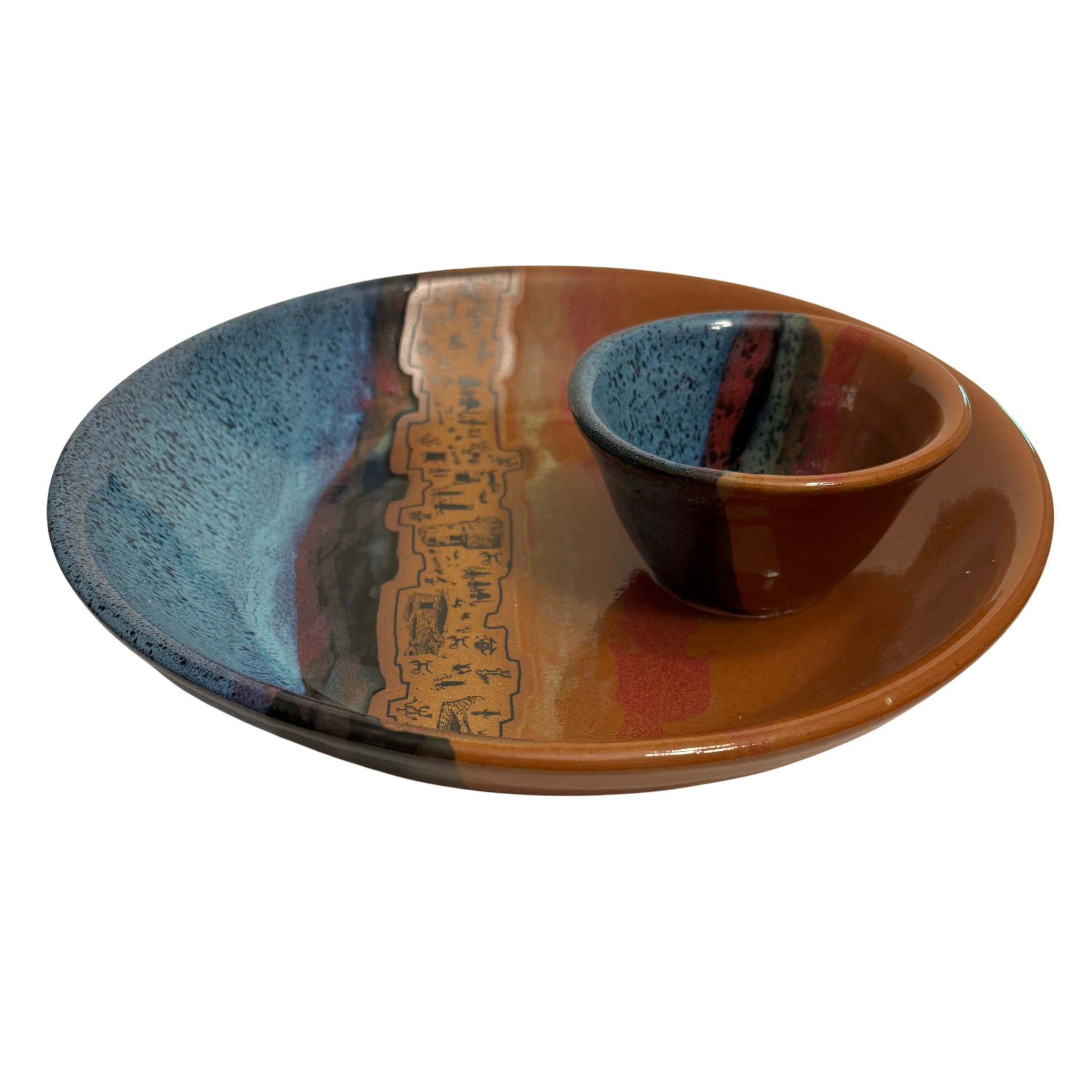 Ancient Echoes handmade ceramic chip and dip platter with blue and rust glaze featuring petroglyph village design.
