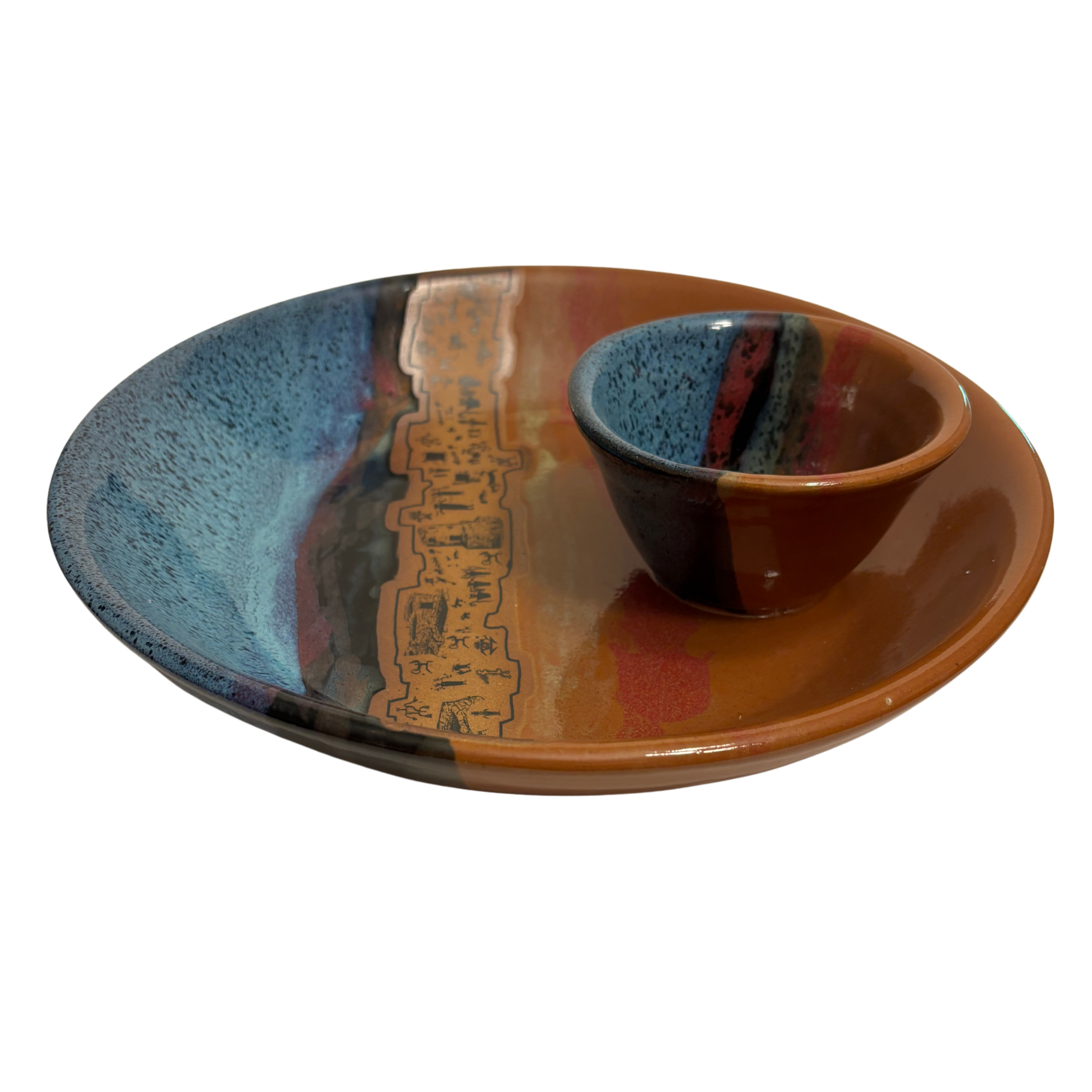 Ancient Echoes handmade ceramic chip and dip platter with blue and rust glaze featuring petroglyph village design.
