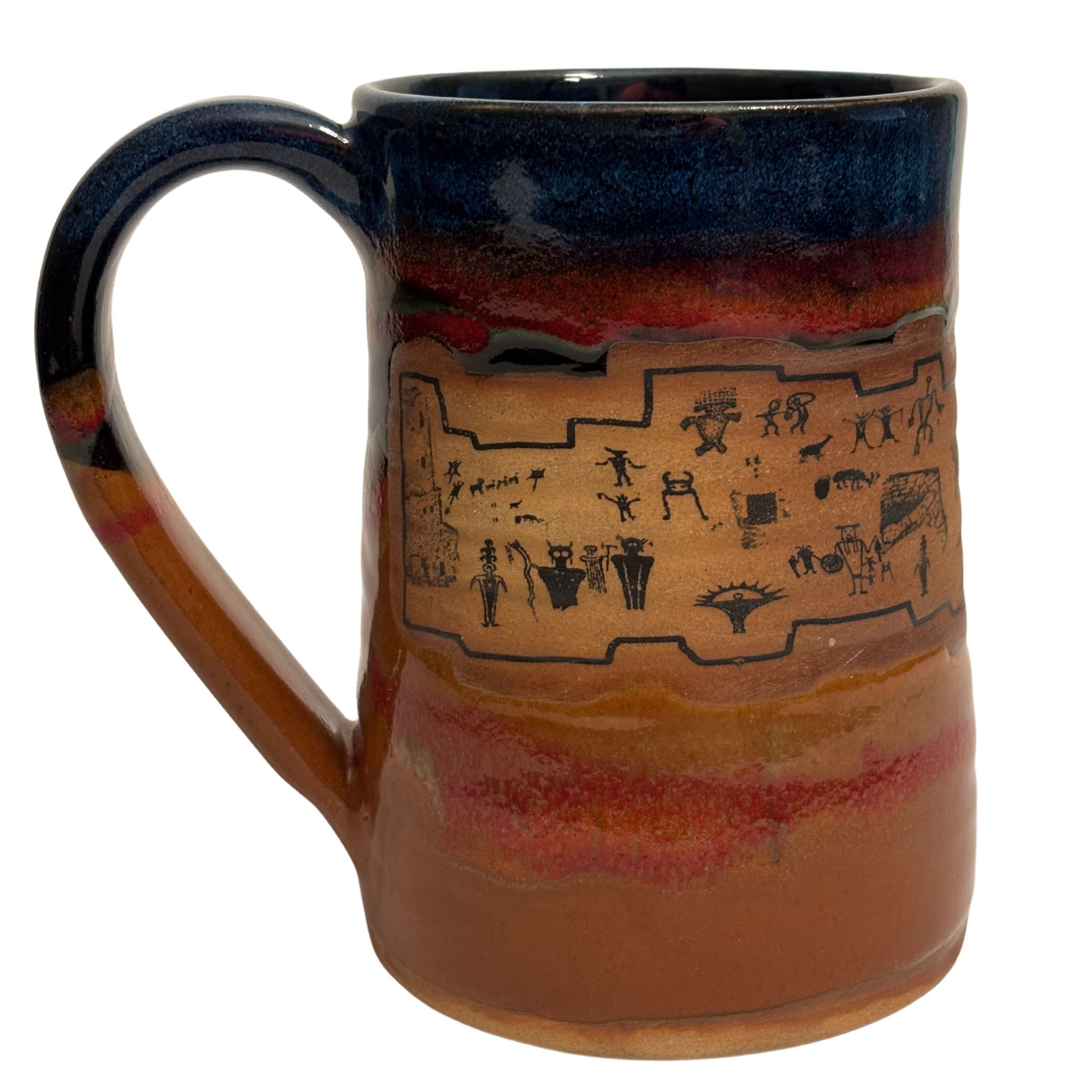 Ancient Echoes handmade ceramic 24oz tankard with brown, red, and blue glaze featuring petroglyph village design.