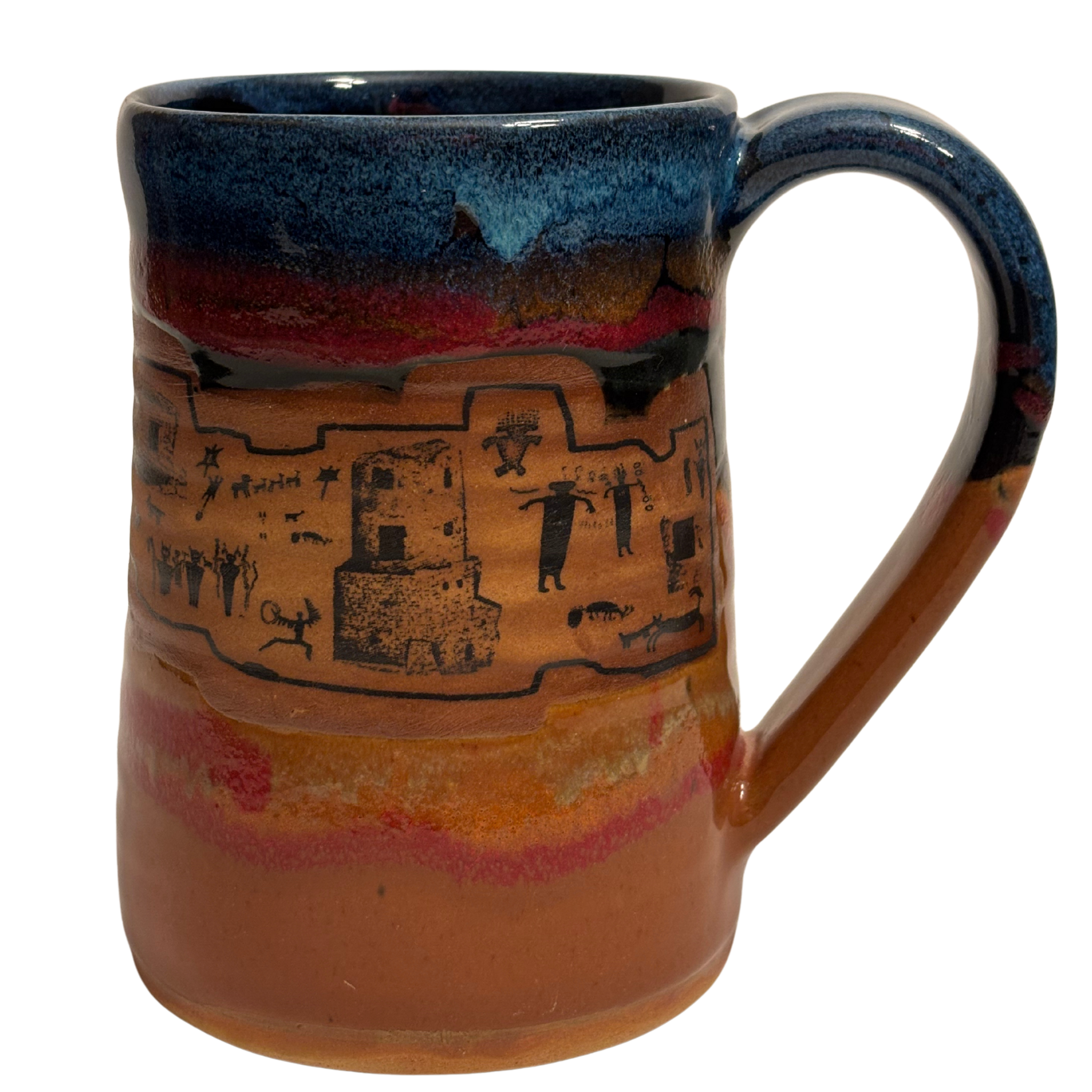 Ancient Echoes handmade ceramic 24oz tankard with brown, red, and blue glaze featuring petroglyph village design.