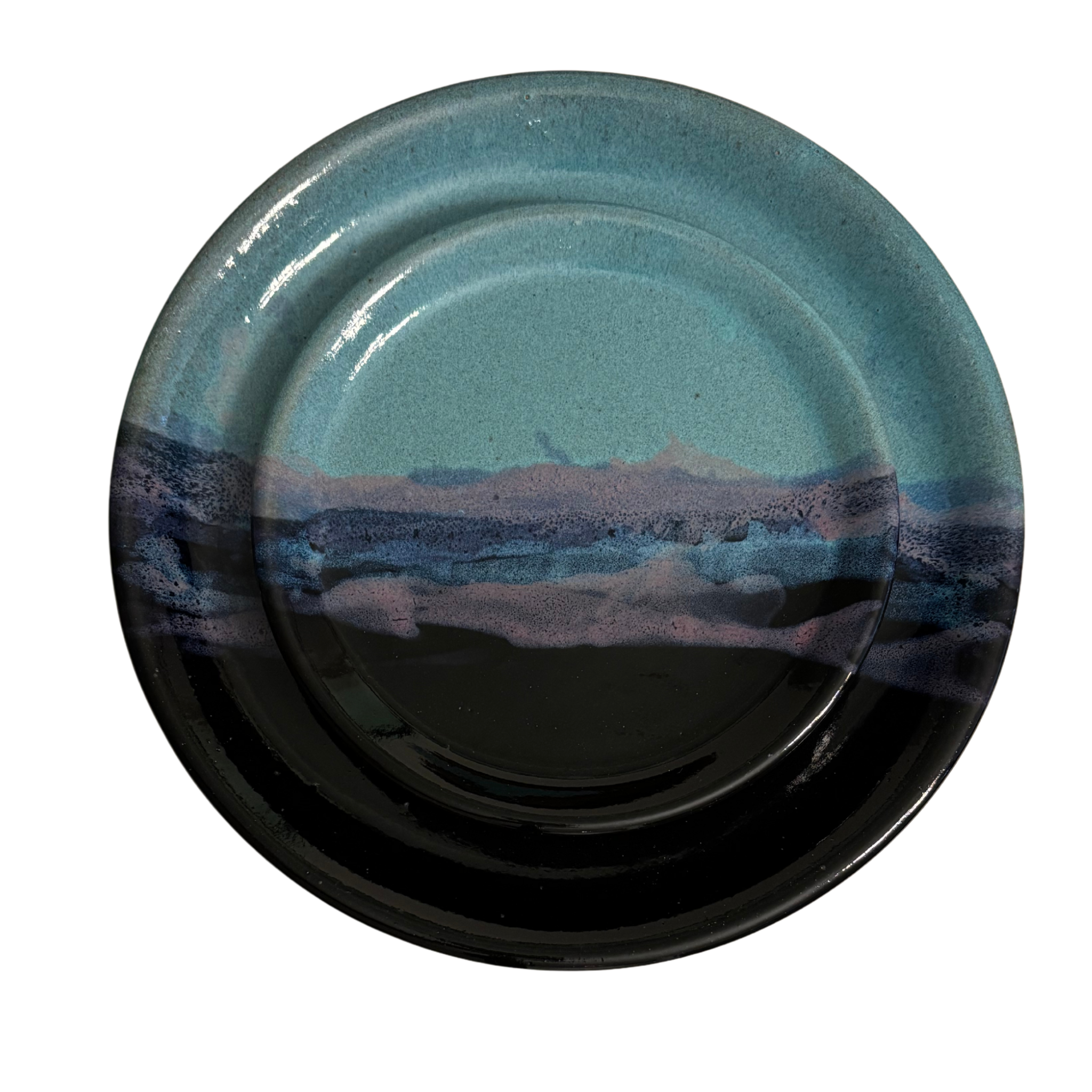 Arctic Twilight handmade ceramic dinner & salad plates with teal, navy, and lavender glaze evoking twilight sky.