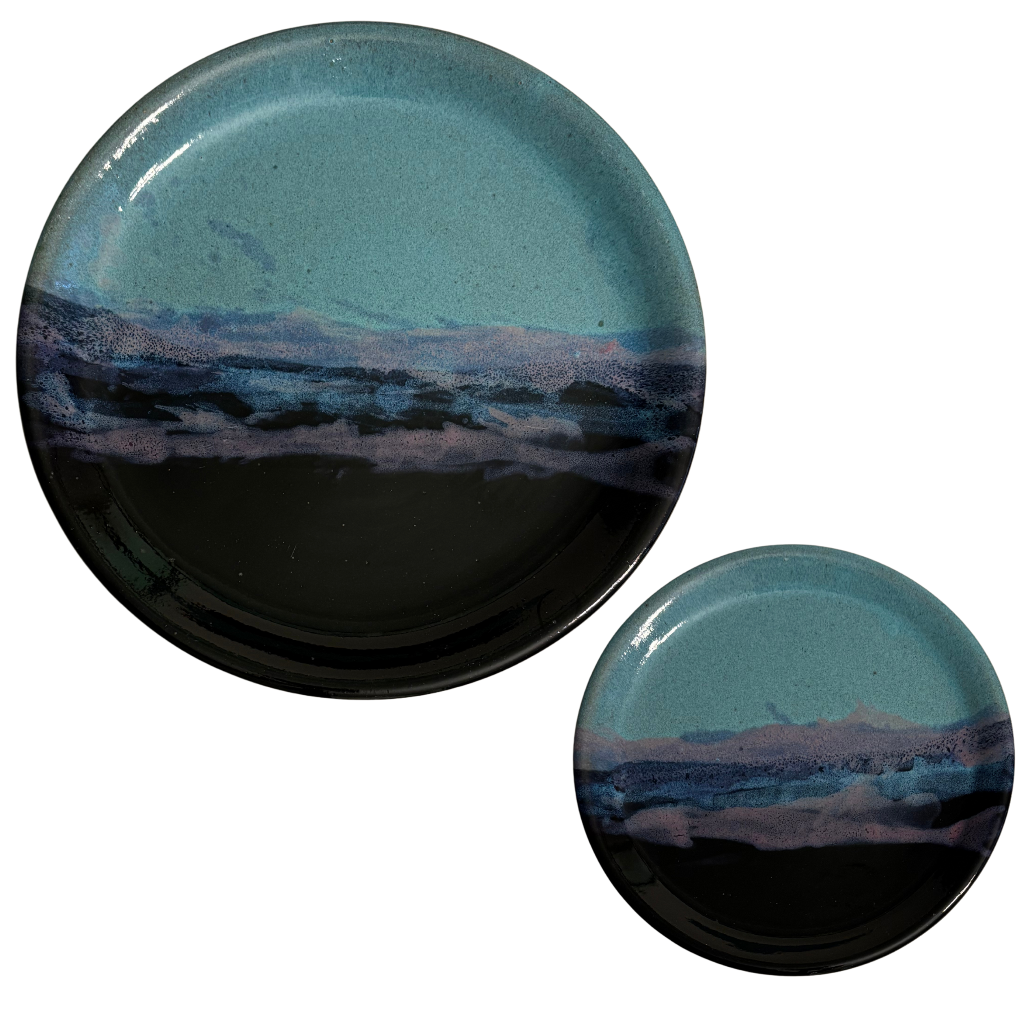 Arctic Twilight handmade ceramic dinner & salad plates with teal, navy, and lavender glaze evoking twilight sky.