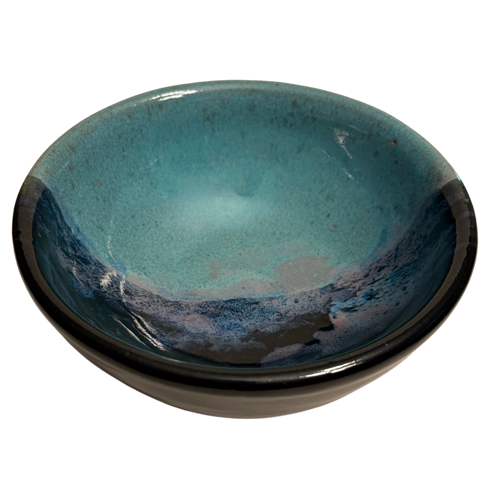 Arctic Twilight handmade ceramic salad bowl with teal and deep blue glaze accented by soft lavender tones resembling icy dusk.