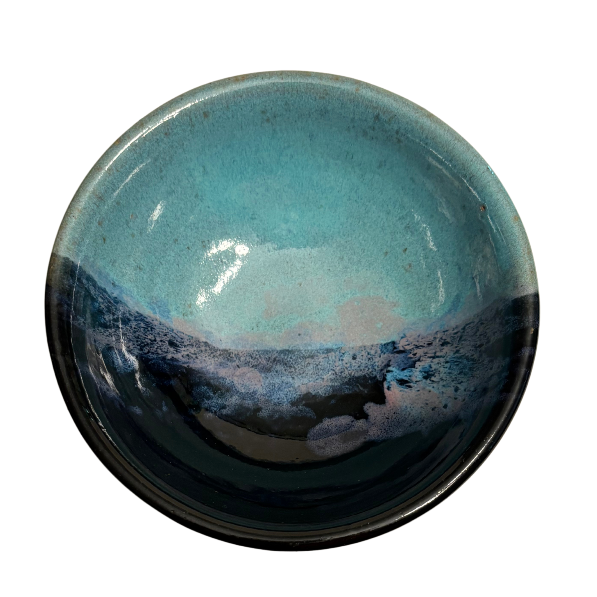 Arctic Twilight handmade ceramic salad bowl with teal and deep blue glaze accented by soft lavender tones resembling icy dusk.