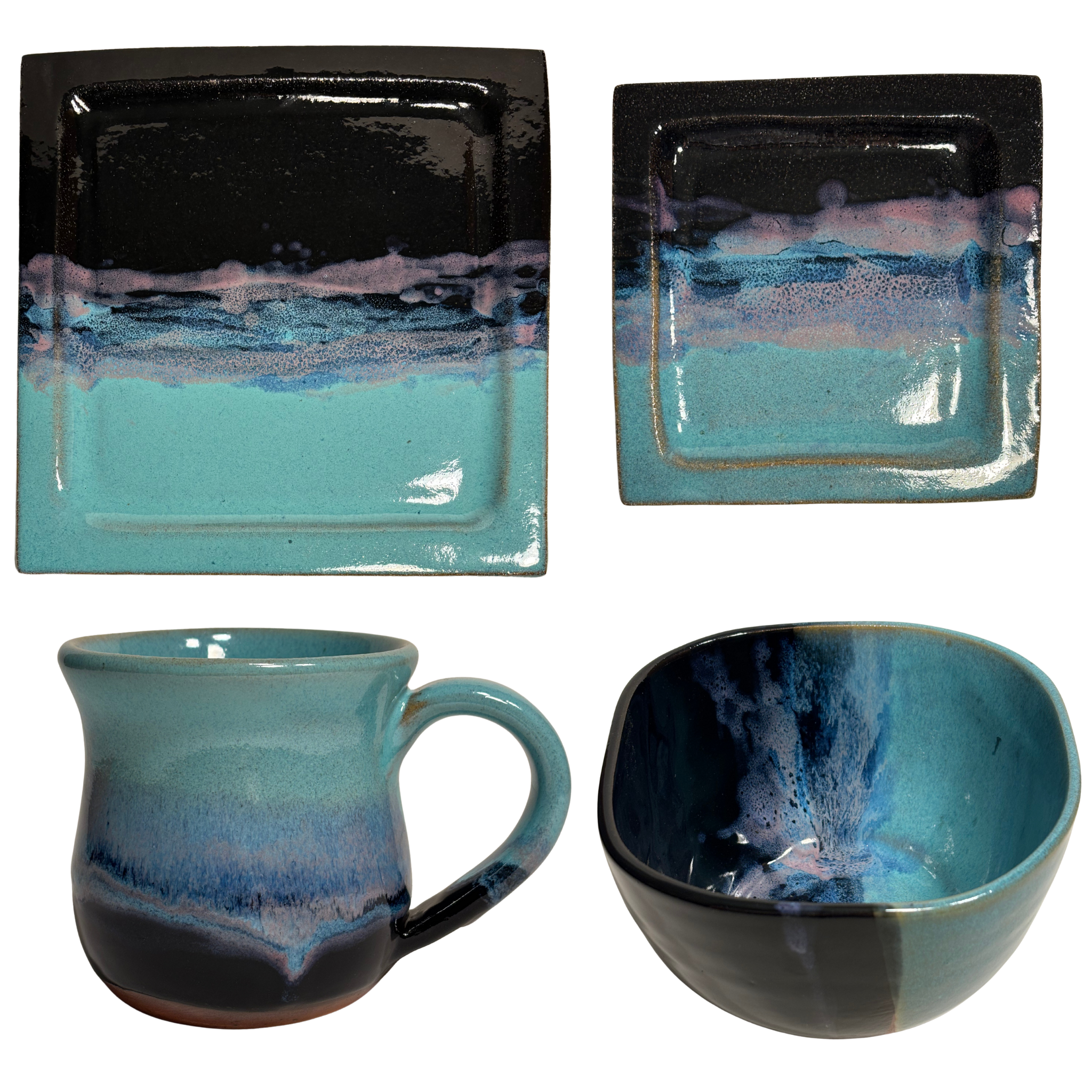 Handmade square ceramic place setting with turquoise, blue, and black glaze – modern artisan pottery for tableware or place setting.