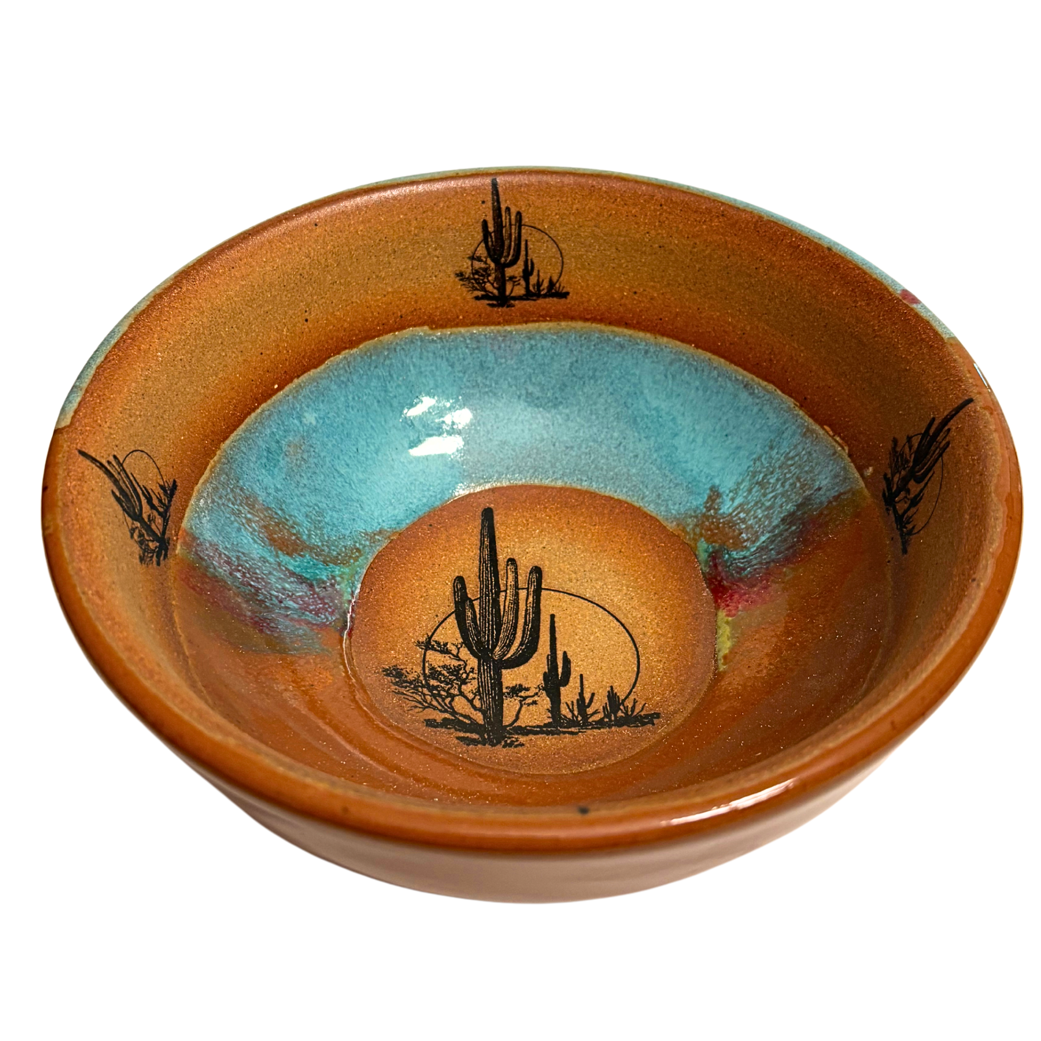 Desert Sky with Cacti handmade ceramic salad bowl featuring turquoise and rust glaze with black cactus desert design.