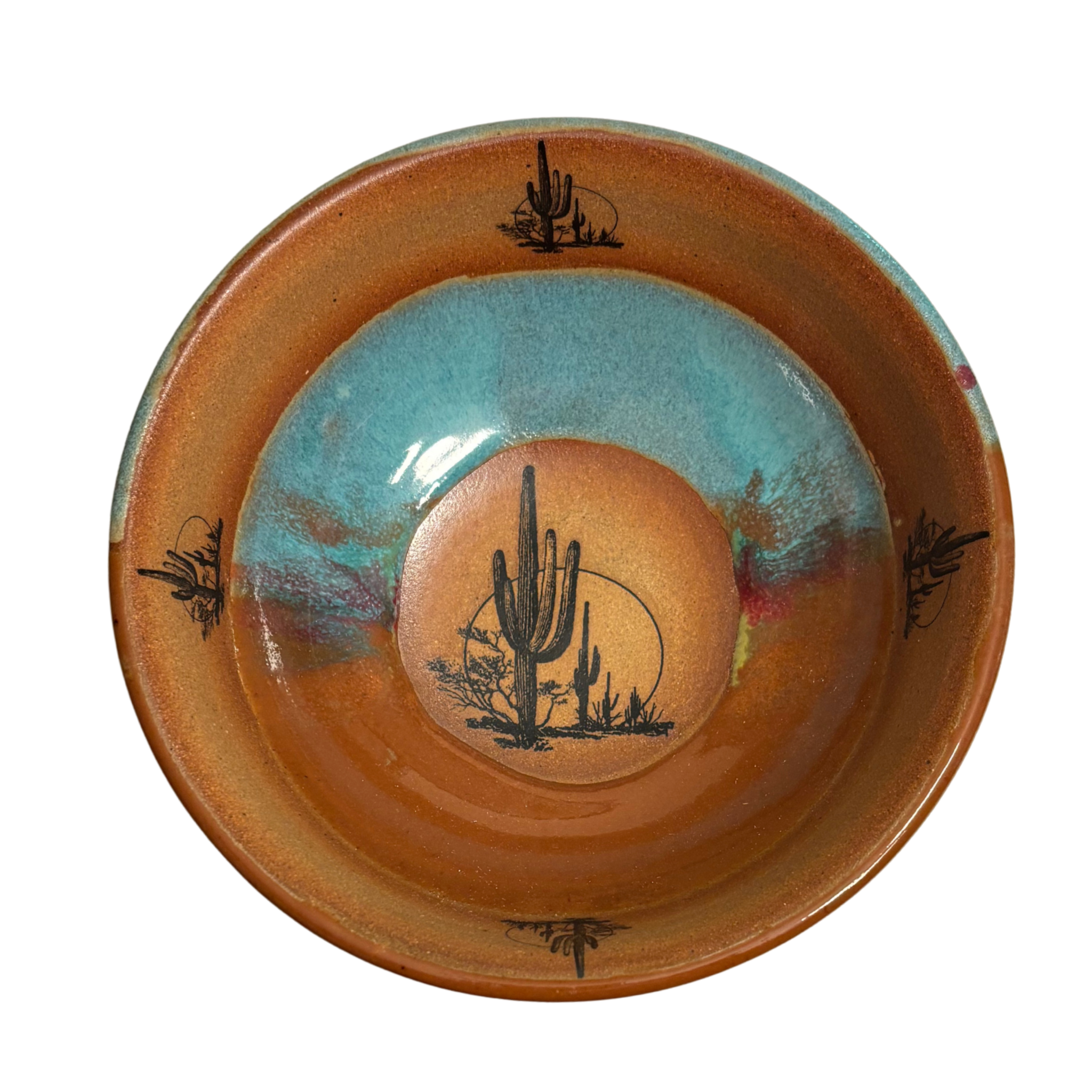 Desert Sky with Cacti handmade ceramic salad bowl featuring turquoise and rust glaze with black cactus desert design.