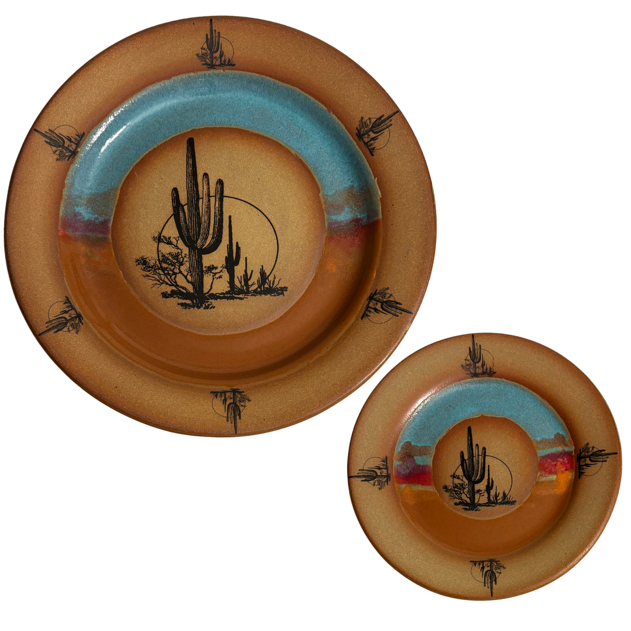 Handmade ceramic dinner & salad plates with blue and rust glaze featuring cactus and desert landscape band.