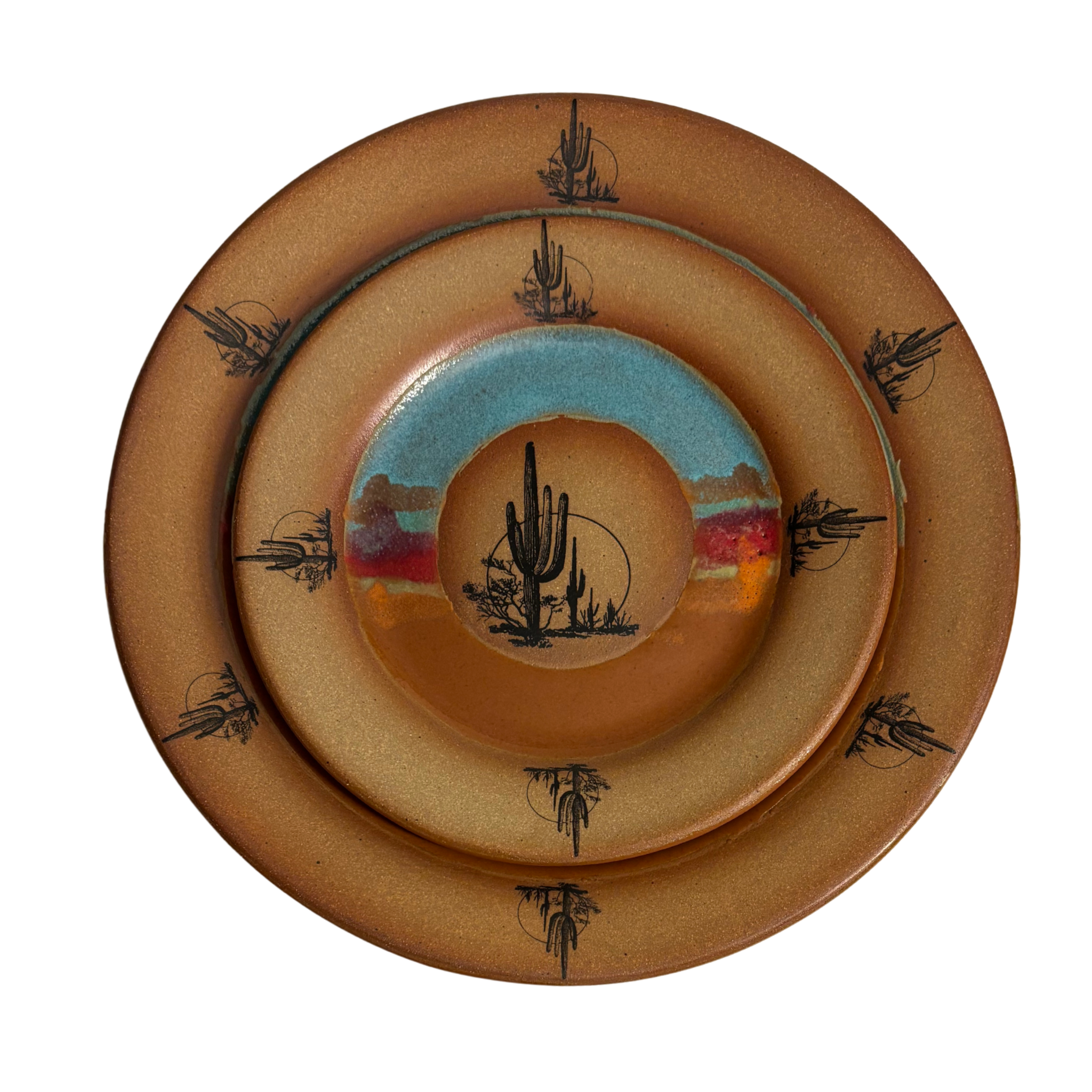 Handmade ceramic dinner & salad plates with blue and rust glaze featuring cactus and desert landscape band.