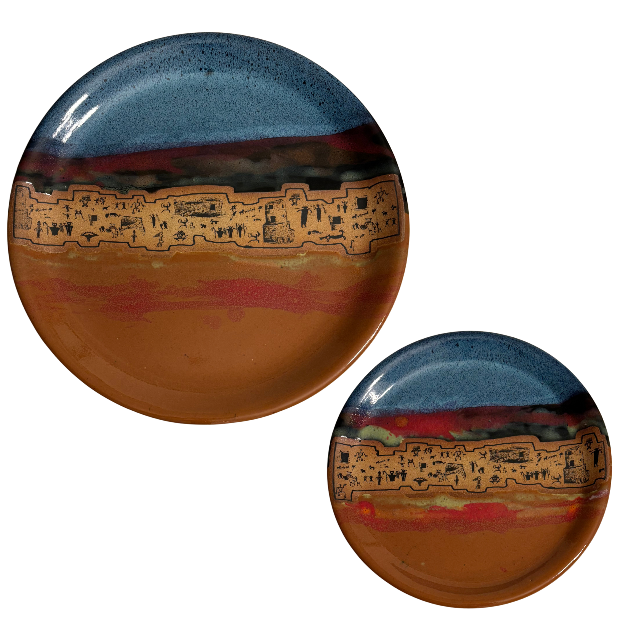 Handmade ancient Echoes ceramic dinner & salad plates with blue, red, and orange glaze featuring petroglyph village design.