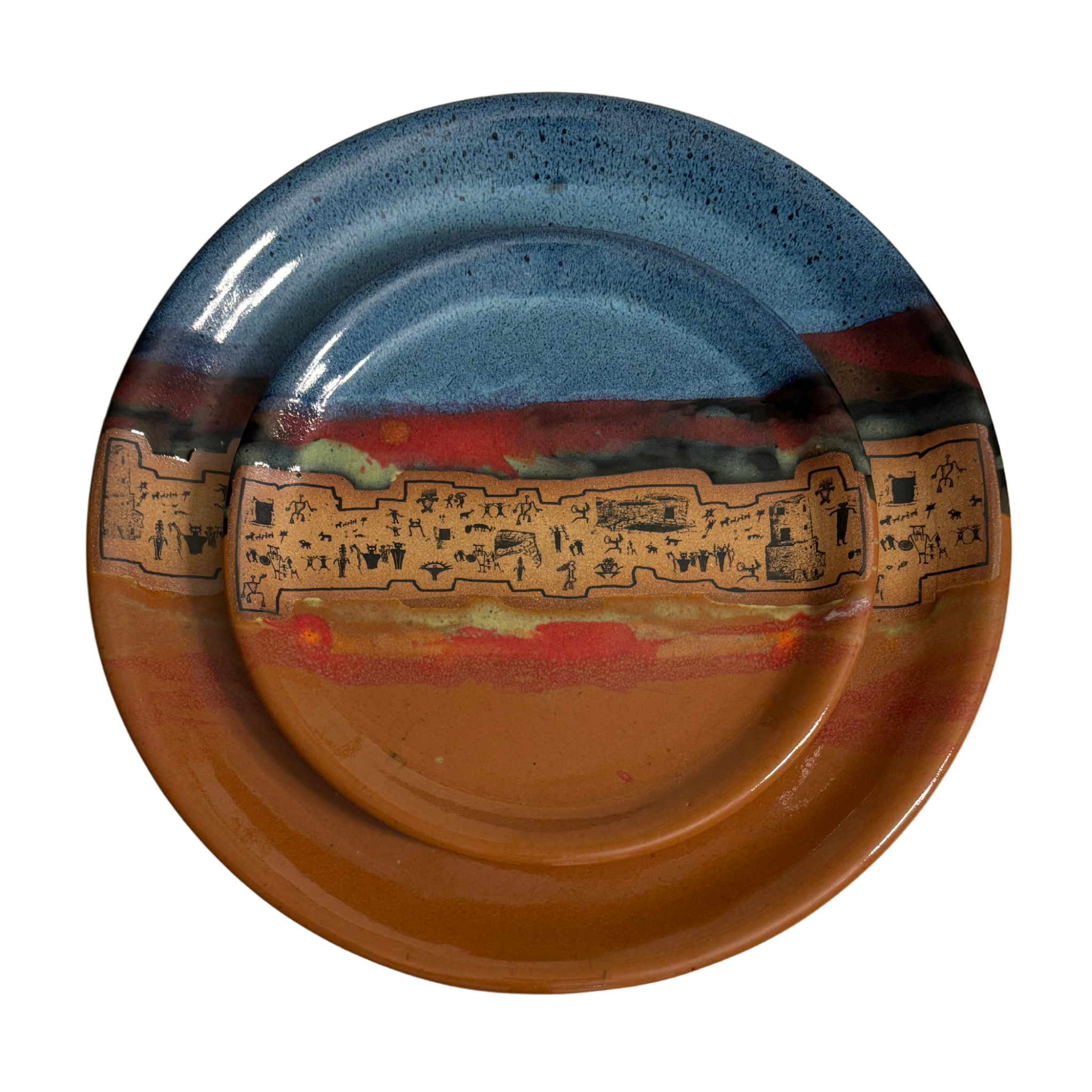 Handmade ancient Echoes ceramic dinner & salad plates with blue, red, and orange glaze featuring petroglyph village design.