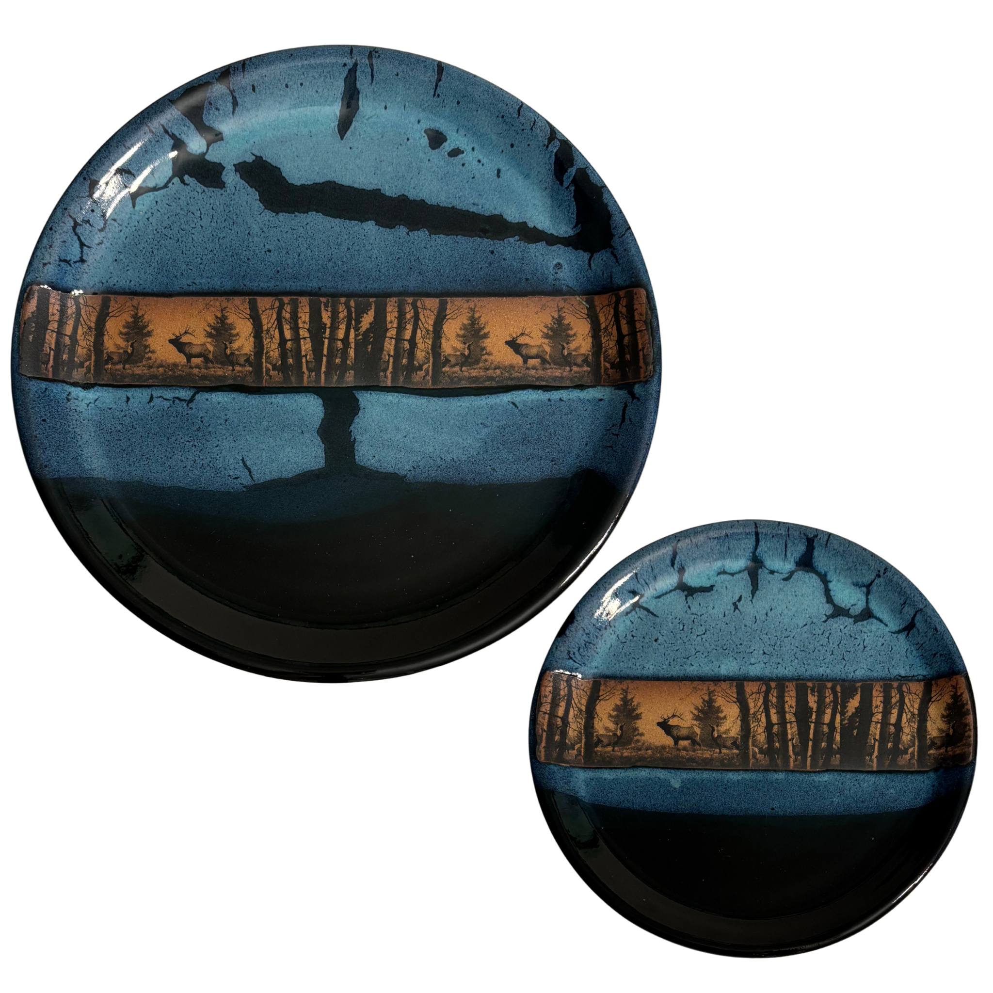Handmade enchanted forest ceramic dinner & salad plates with blue-black glaze and woodland deer scene band.