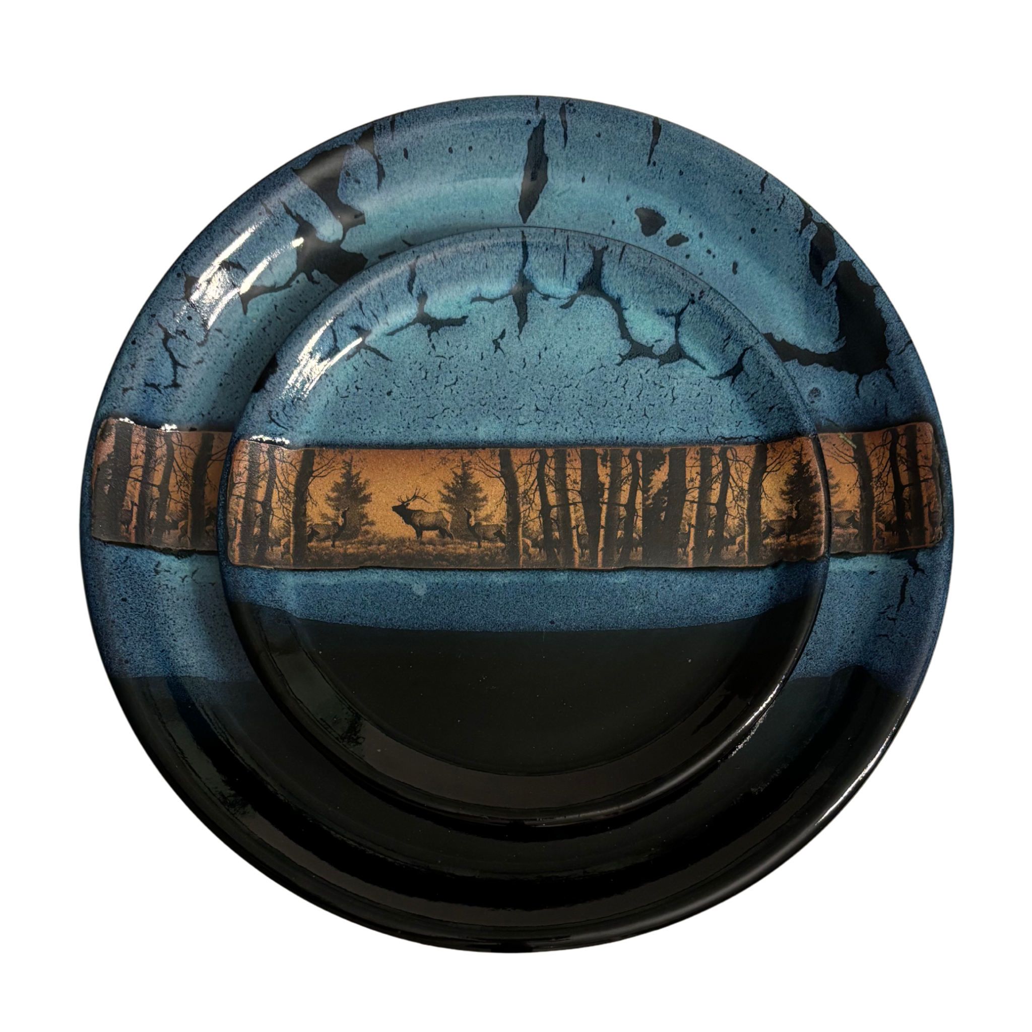 Handmade enchanted forest ceramic dinner & salad plates with blue-black glaze and woodland deer scene band.
