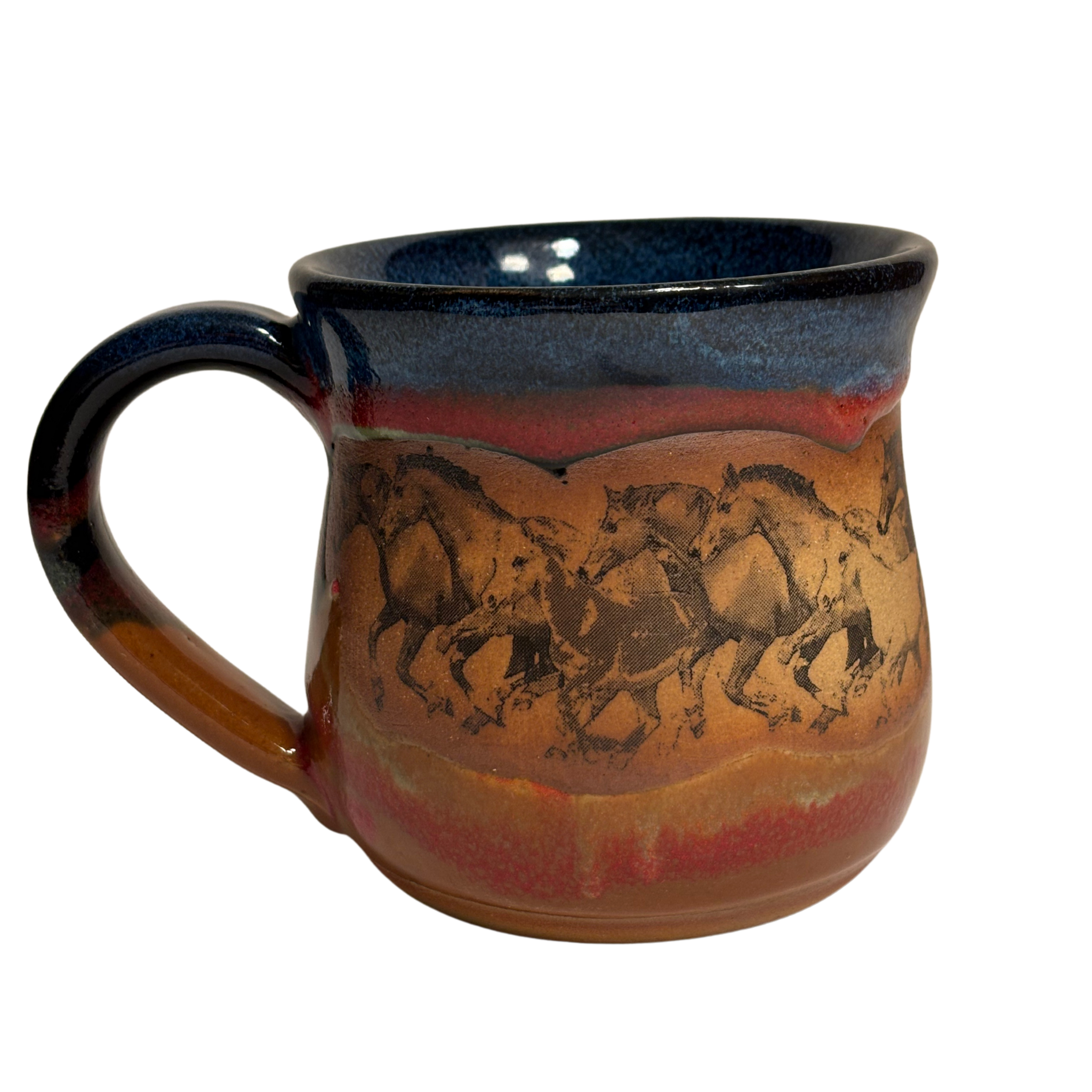 Handmade ceramic mug with running horse artwork and layered desert glaze