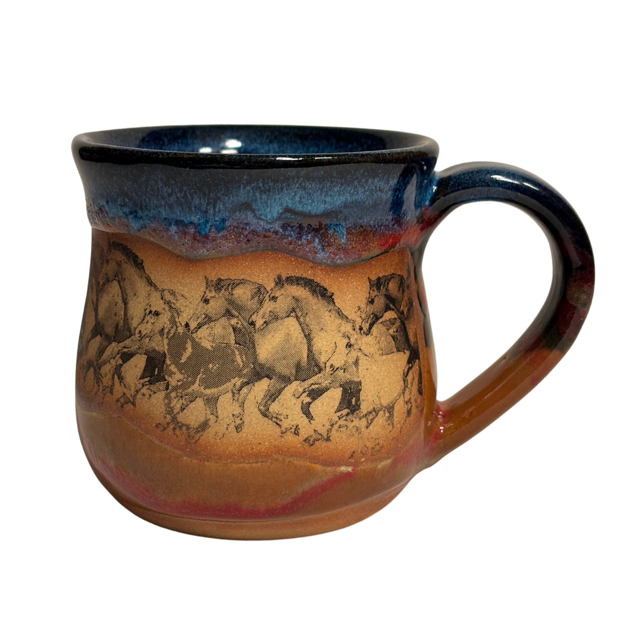 Handmade ceramic mug with running horse artwork and layered desert glaze