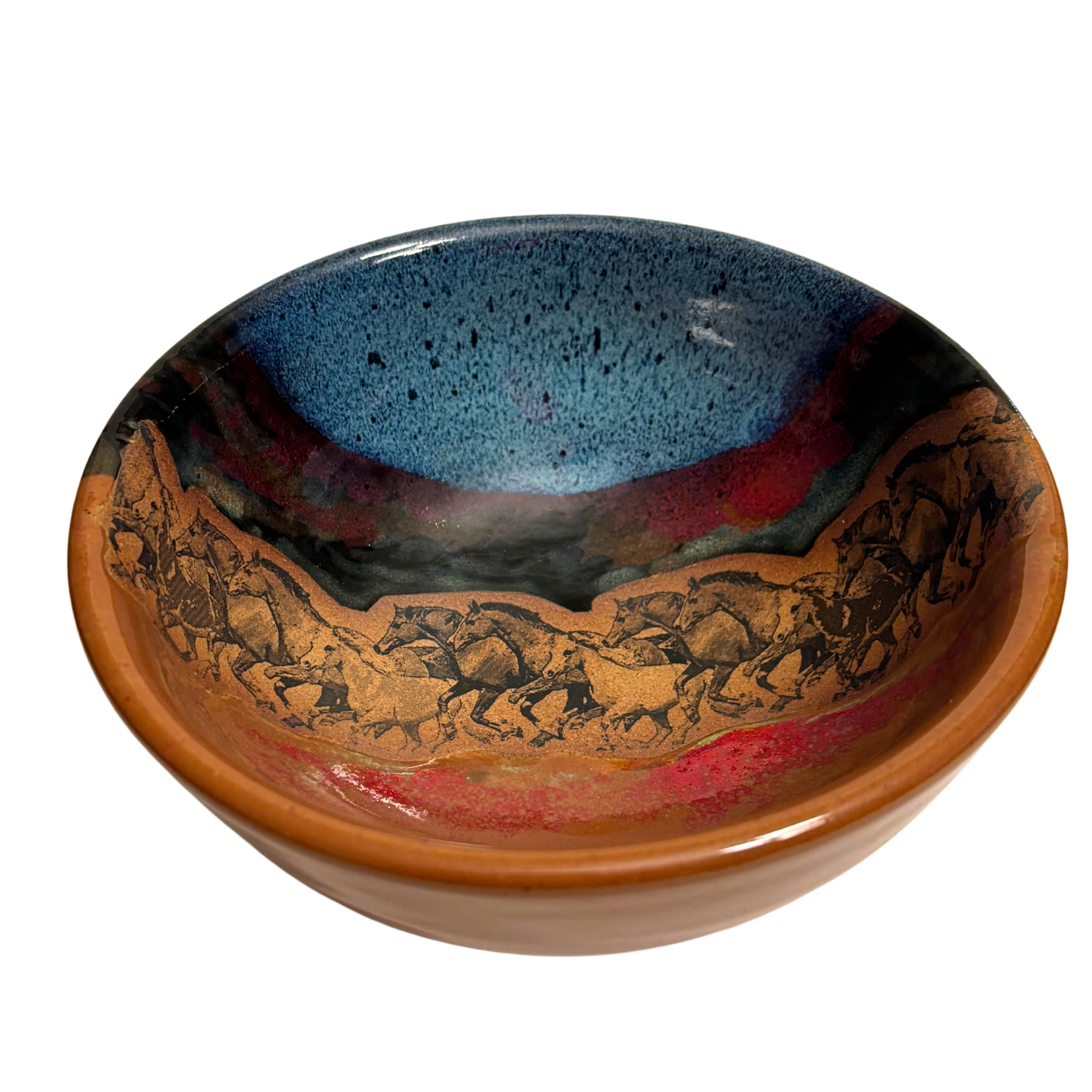 Galloping Spirits handmade ceramic salad bowl with blue and red glaze featuring running horse silhouette design.