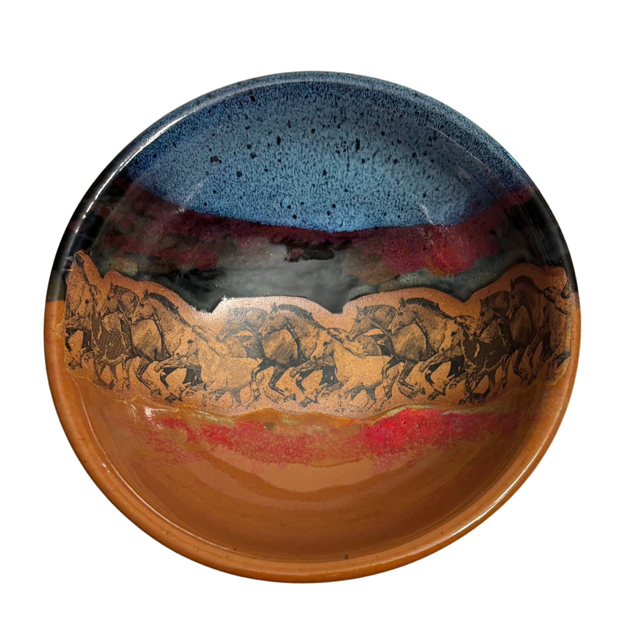 Galloping Spirits handmade ceramic salad bowl with blue and red glaze featuring running horse silhouette design.