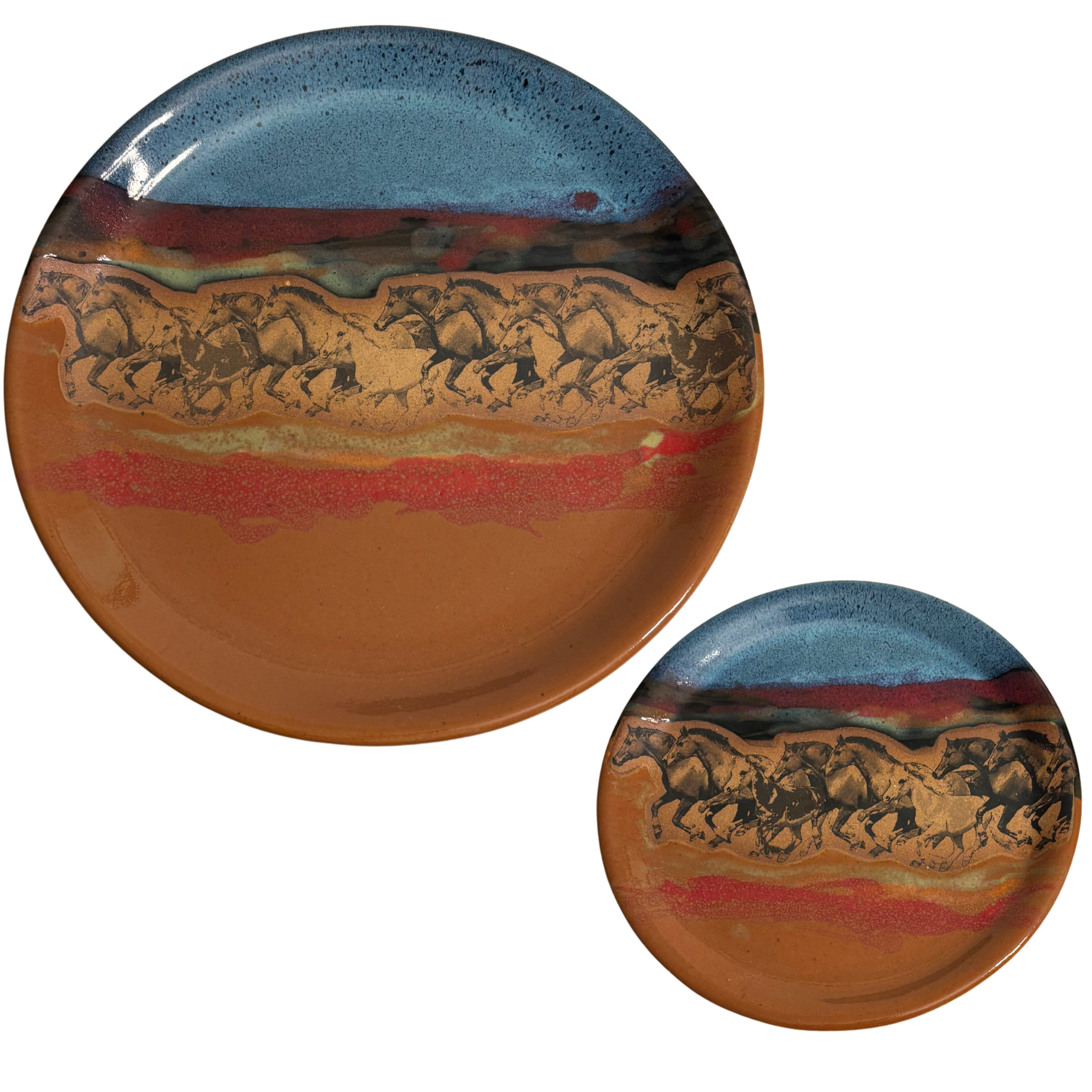 Handmade Alpine Wilderness ceramic dinner & salad plates with green glaze and mountain wildlife silhouette band.