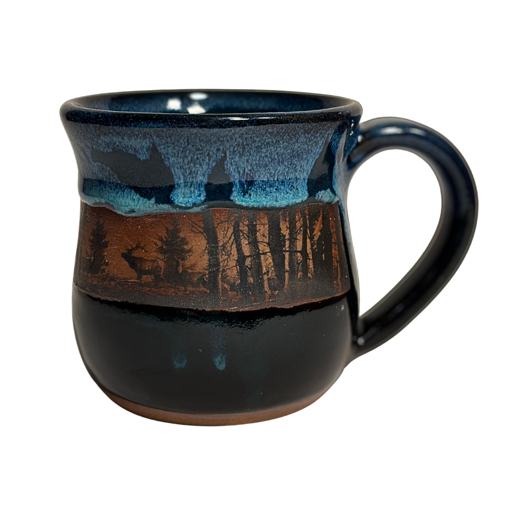 Handmade ceramic mug with forest and elk silhouette under layered mountain glaze. representation of Canadian Rockies.