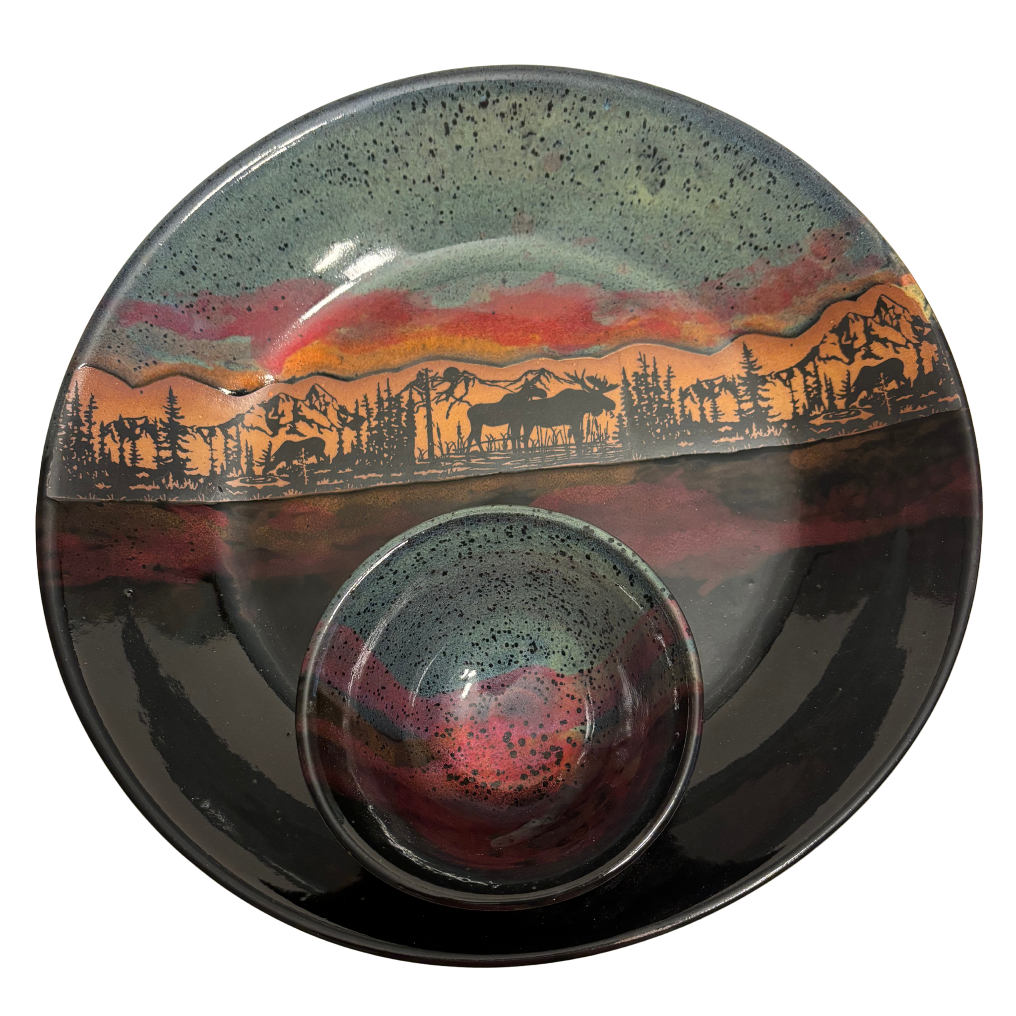 Jasper Wilderness handmade ceramic chip and dip platter with moose and mountain silhouette, accented by green, red, and black multicolor glaze.