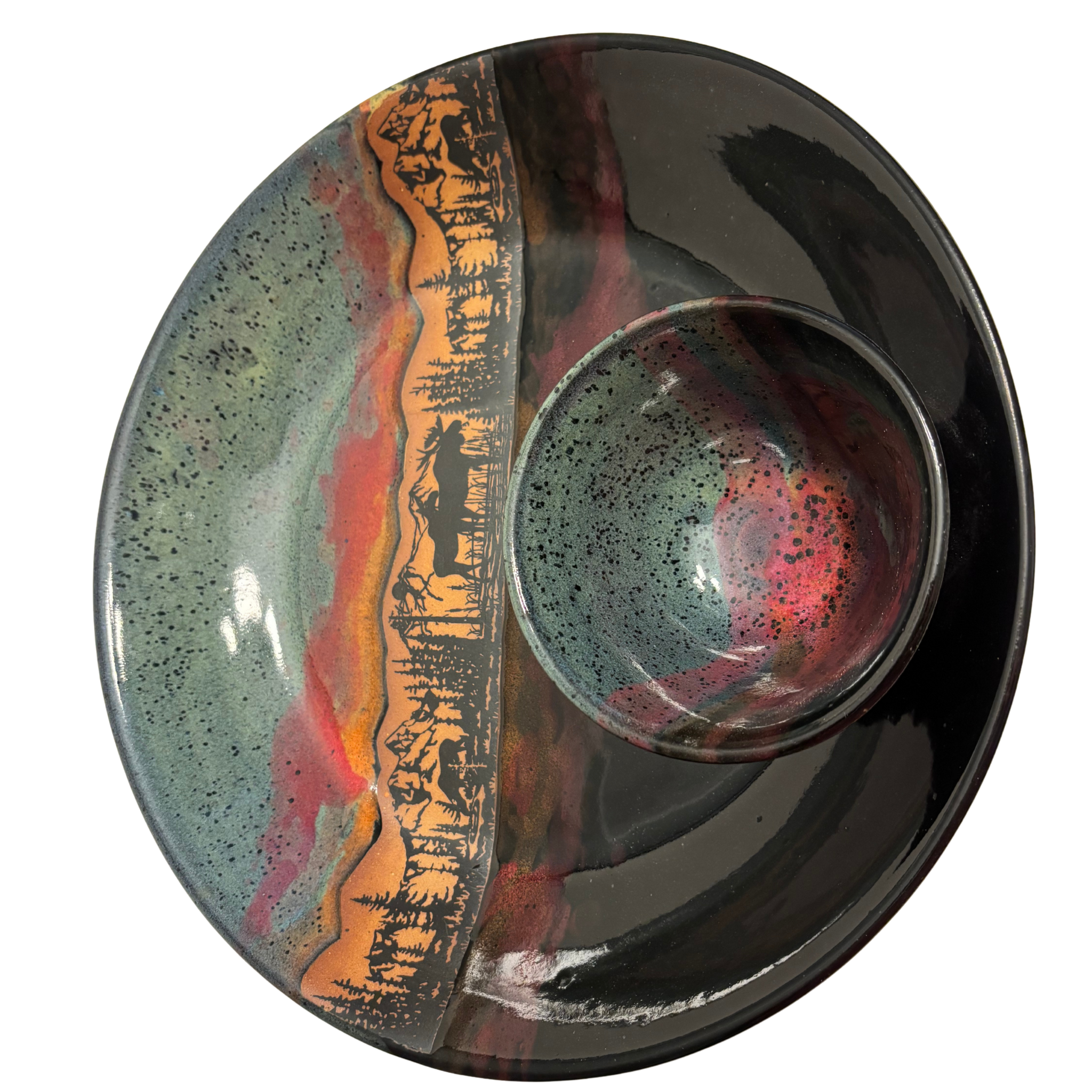 Jasper Wilderness handmade ceramic chip and dip platter with moose and mountain silhouette, accented by green, red, and black multicolor glaze.